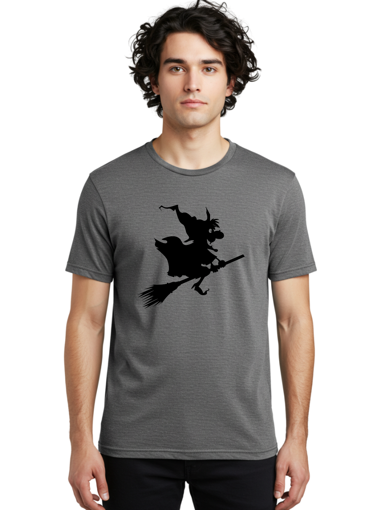 Witch-On-Broomstick Men'S Graphic Tee, 100% Cotton, Comfortable Casual Summer Wear, Machine Washable, Witch On Broomstick, Flying Witch, Halloween Character, Silhouette Art, Magical Creature, Spooky Theme, Mysterious Atmosphere, Aab239