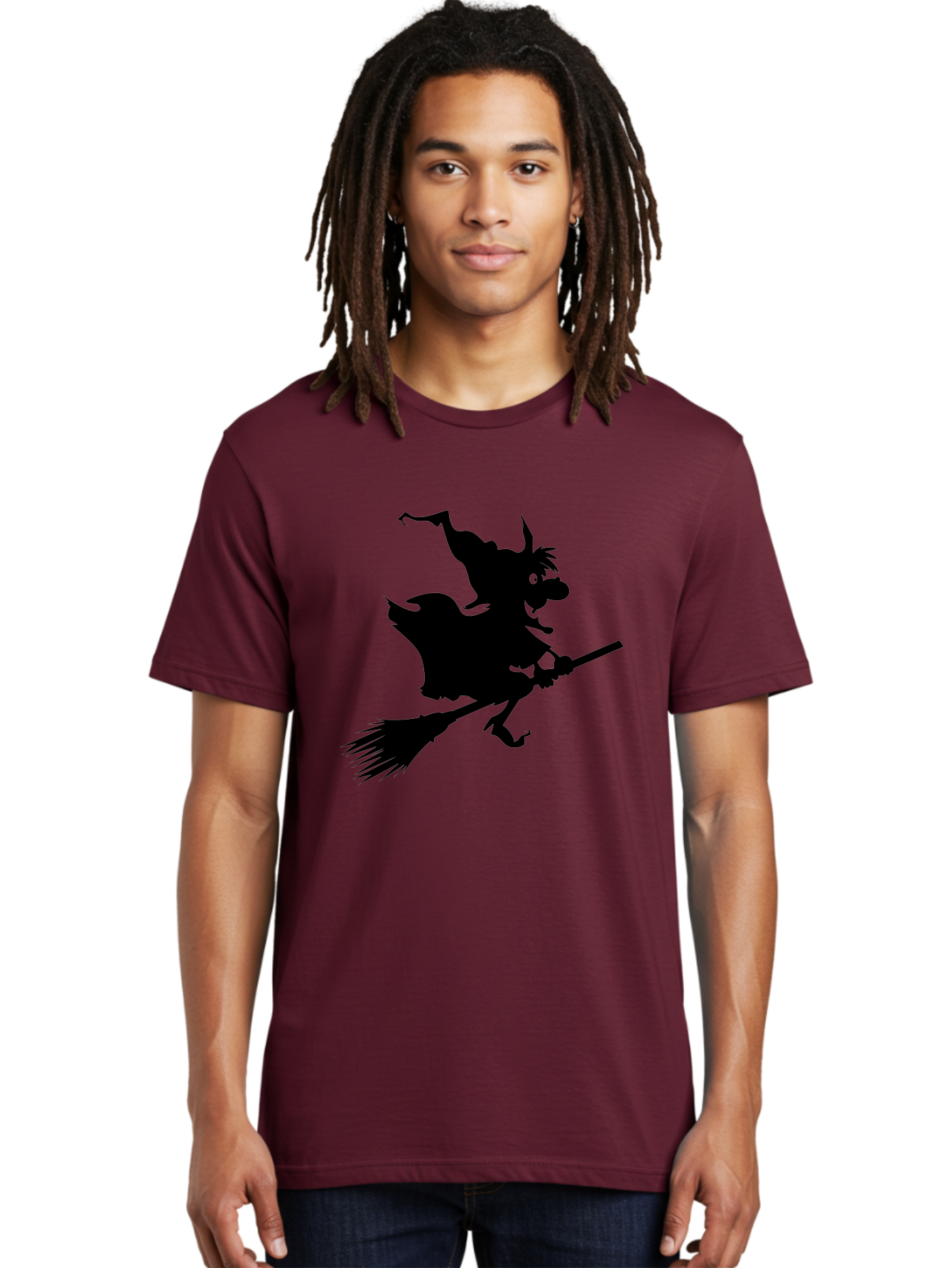 Witch-On-Broomstick Men'S Graphic Tee, 100% Cotton, Comfortable Casual Summer Wear, Machine Washable, Witch On Broomstick, Flying Witch, Halloween Character, Silhouette Art, Magical Creature, Spooky Theme, Mysterious Atmosphere, Aab239