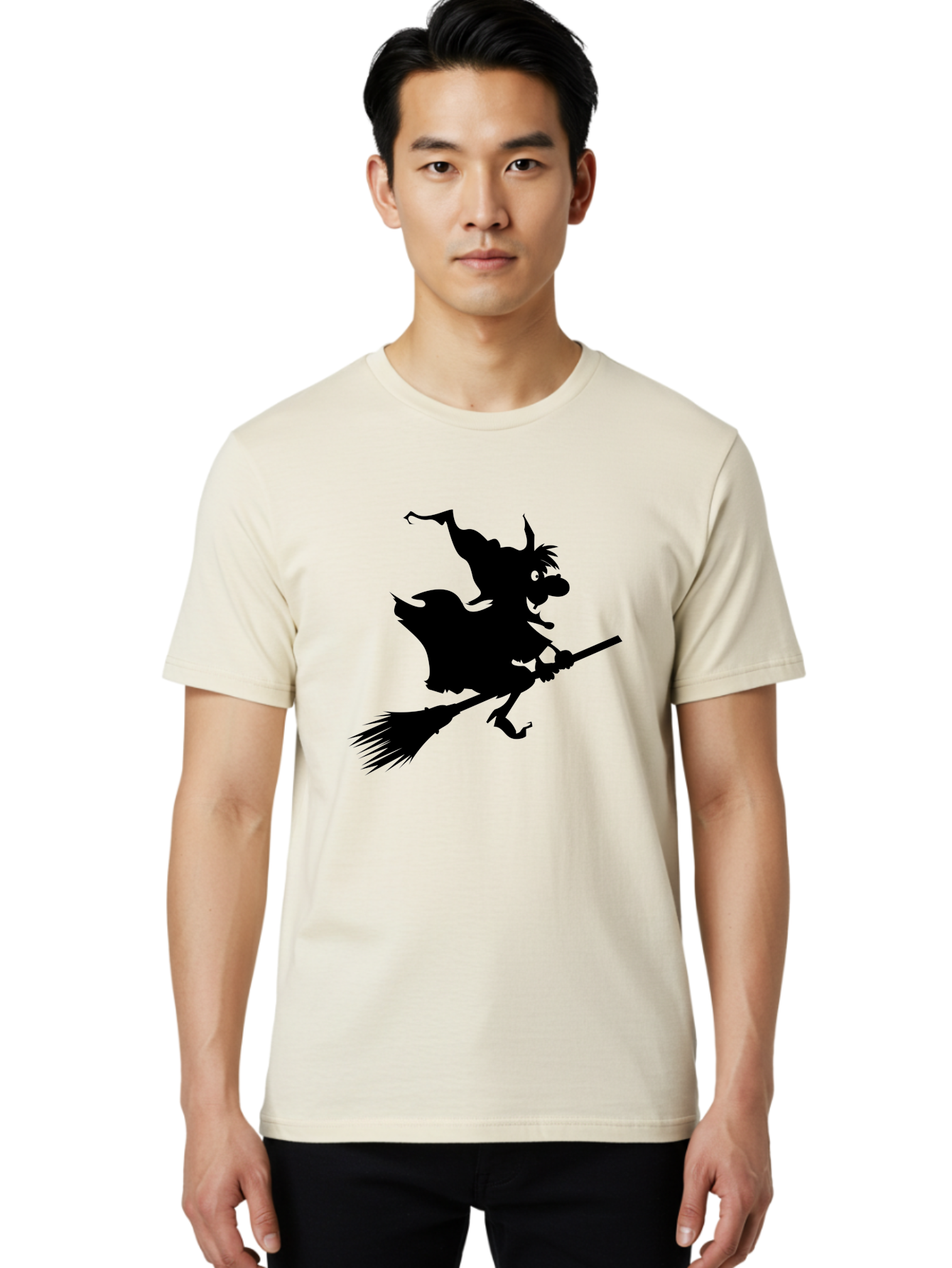 Witch-On-Broomstick Men'S Graphic Tee, 100% Cotton, Comfortable Casual Summer Wear, Machine Washable, Witch On Broomstick, Flying Witch, Halloween Character, Silhouette Art, Magical Creature, Spooky Theme, Mysterious Atmosphere, Aab239