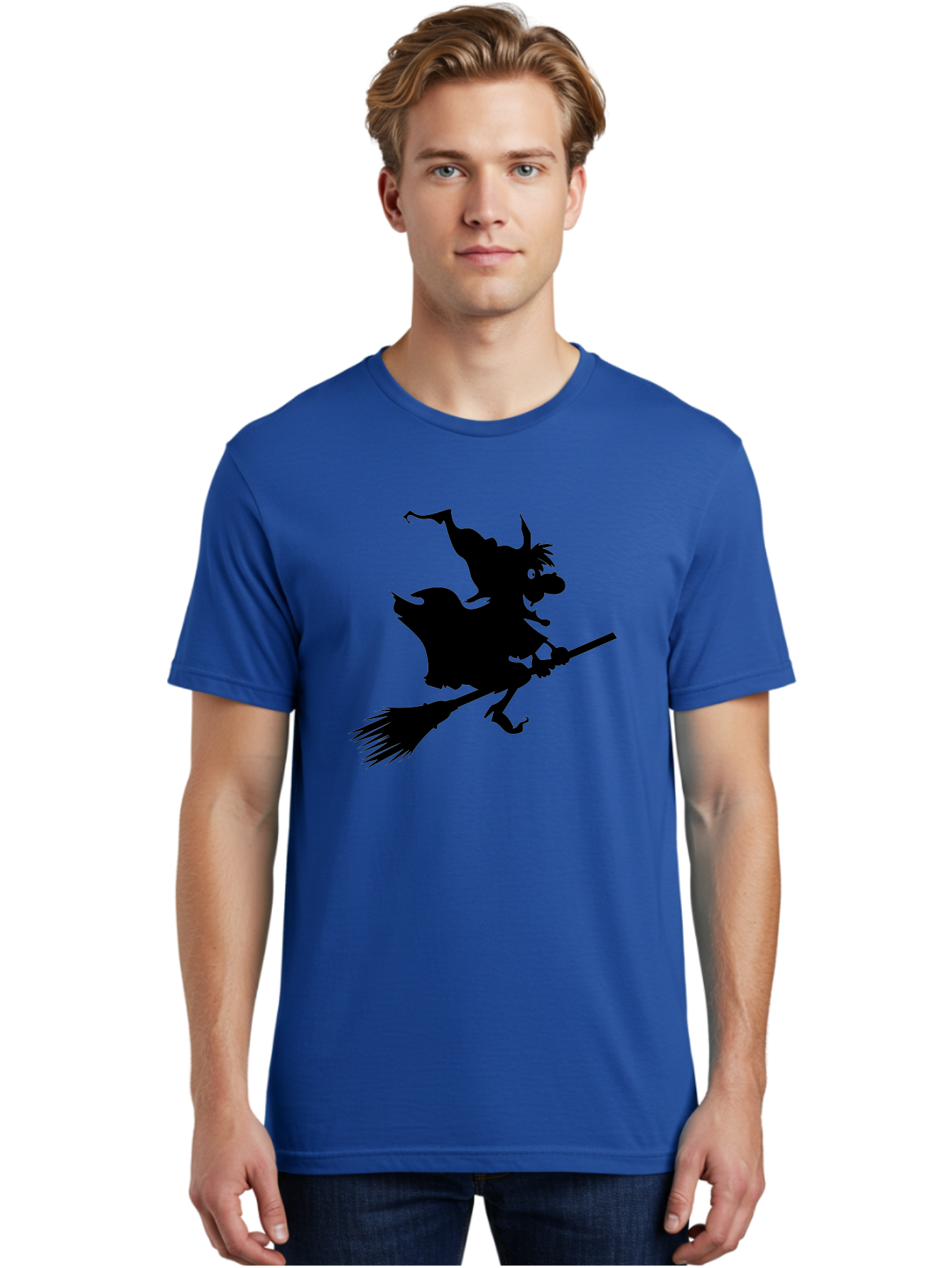 Witch-On-Broomstick Men'S Graphic Tee, 100% Cotton, Comfortable Casual Summer Wear, Machine Washable, Witch On Broomstick, Flying Witch, Halloween Character, Silhouette Art, Magical Creature, Spooky Theme, Mysterious Atmosphere, Aab239