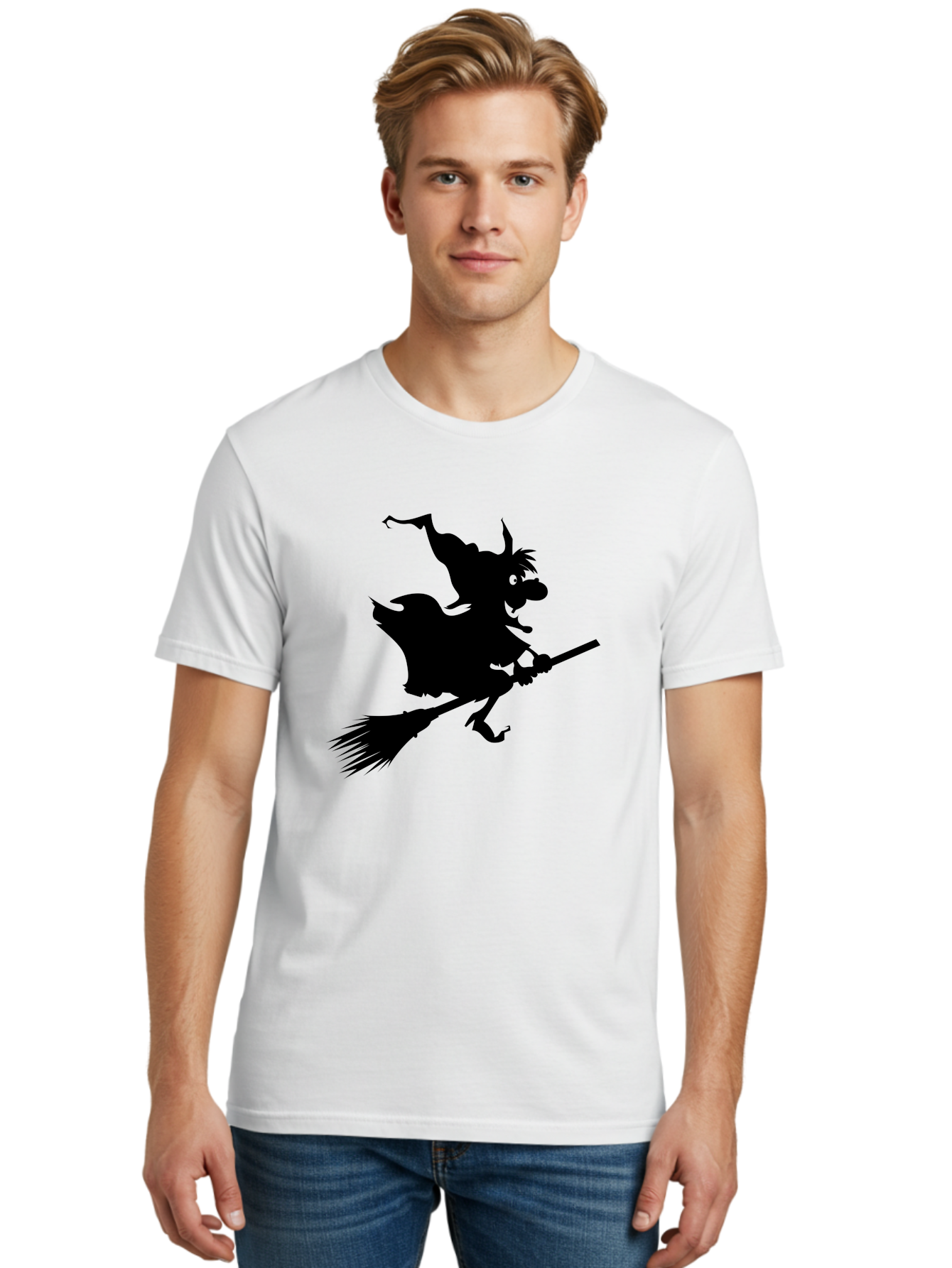 Witch-On-Broomstick Men'S Graphic Tee, 100% Cotton, Comfortable Casual Summer Wear, Machine Washable, Witch On Broomstick, Flying Witch, Halloween Character, Silhouette Art, Magical Creature, Spooky Theme, Mysterious Atmosphere, Aab239