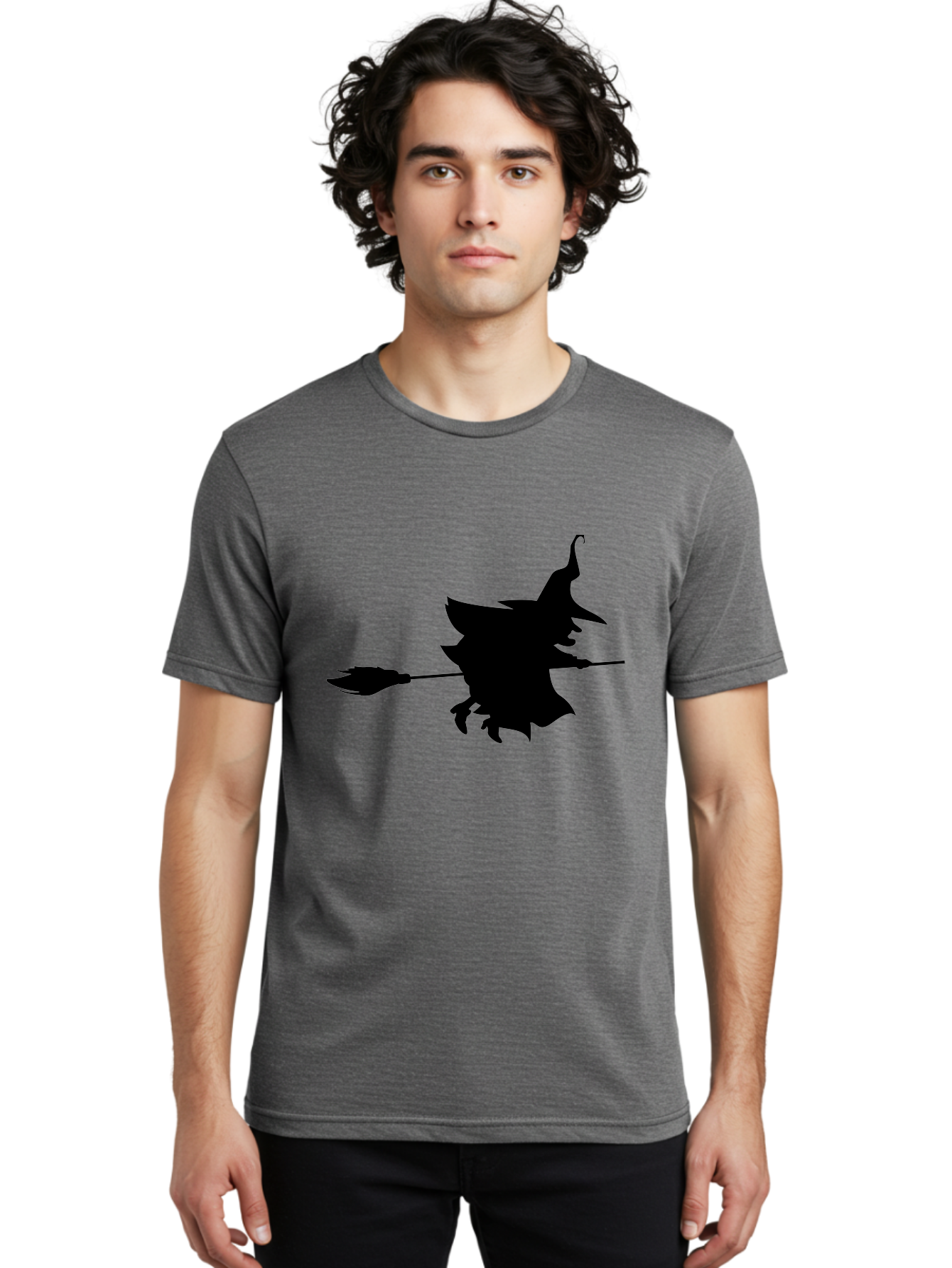 Witch-Silhouette Men'S Graphic Tee, 100% Cotton, Comfortable Casual Summer Wear, Machine Washable, Witch Silhouette, Flying On Broomstick, Halloween Magic, Spooky Atmosphere, Mystical Powers, Flying Witch, Halloween Theme Aab240
