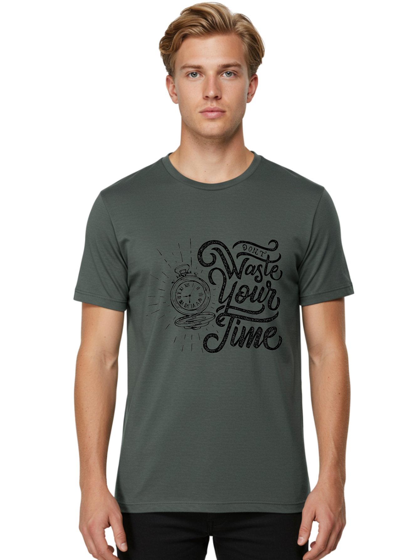 Don-T-Waste-Your-Time-1 Men'S Graphic Tee, 100% Cotton, Comfortable Casual Summer Wear, Machine Washable, Pocket Watch, Motivational Quote, Time Management, Productivity, Inspirational Saying, Vintage Clock, Productivity Tip, Time Is Money Aab243