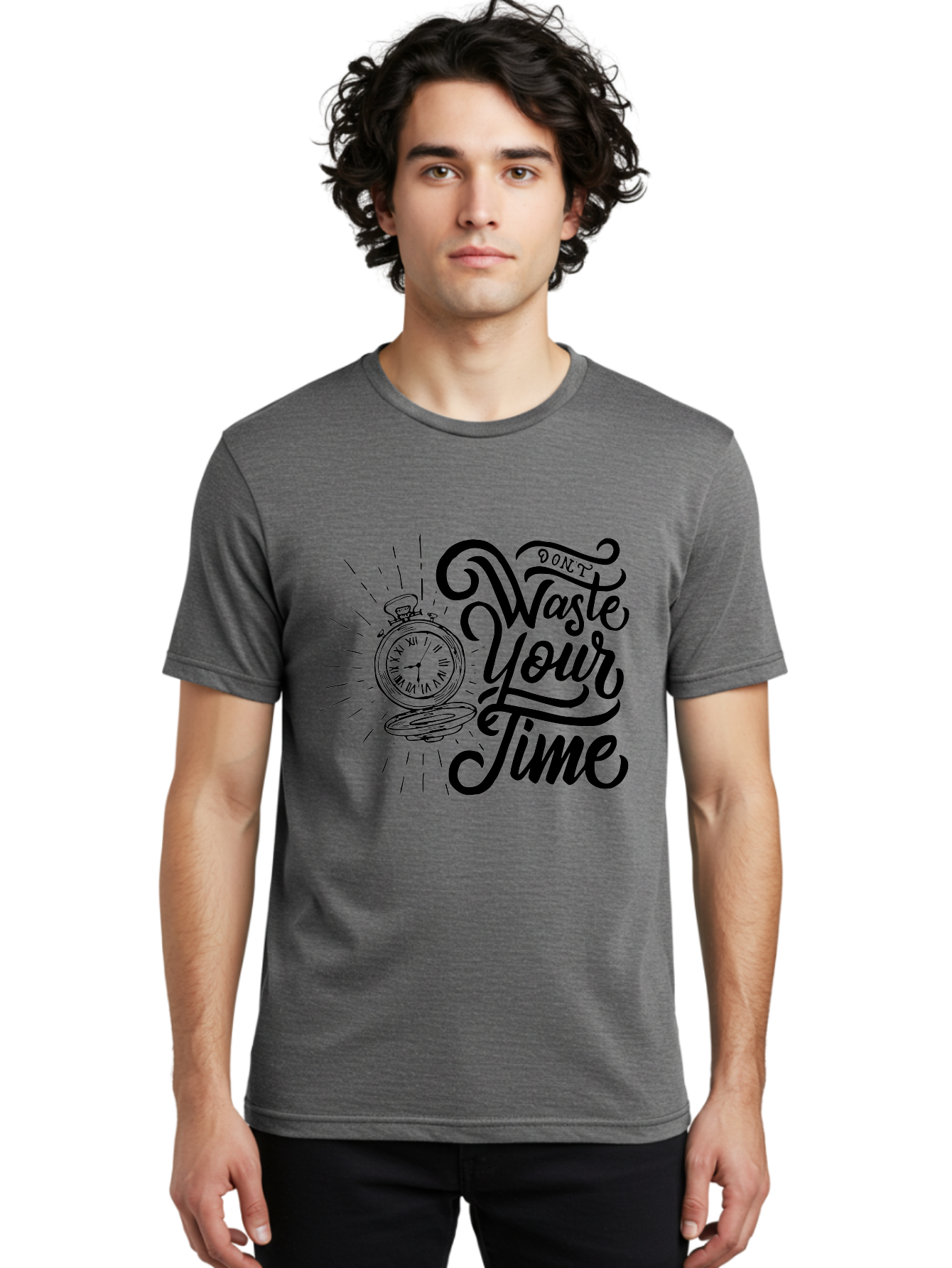 Don-T-Waste-Your-Time Men'S Graphic Tee, 100% Cotton, Comfortable Casual Summer Wear, Machine Washable, Motivational Quote, Pocket Watch, Time Management, Productivity Tips, Inspirational Sayings, Typography Art, Motivational Posters Aab244
