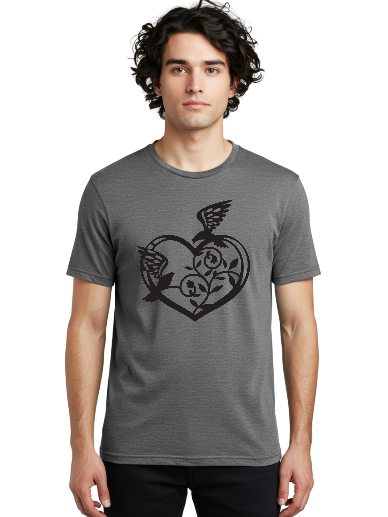 Birds-Heart Men'S Graphic Tee, 100% Cotton, Comfortable Casual Summer Wear, Machine Washable, Two Birds, Flying Birds, Heart Shape, Floral Design, Leafy Patterns, Love Symbol, Romantic Imagery, Bird Silhouettes, Whimsical Art, Elegant Design Aab257