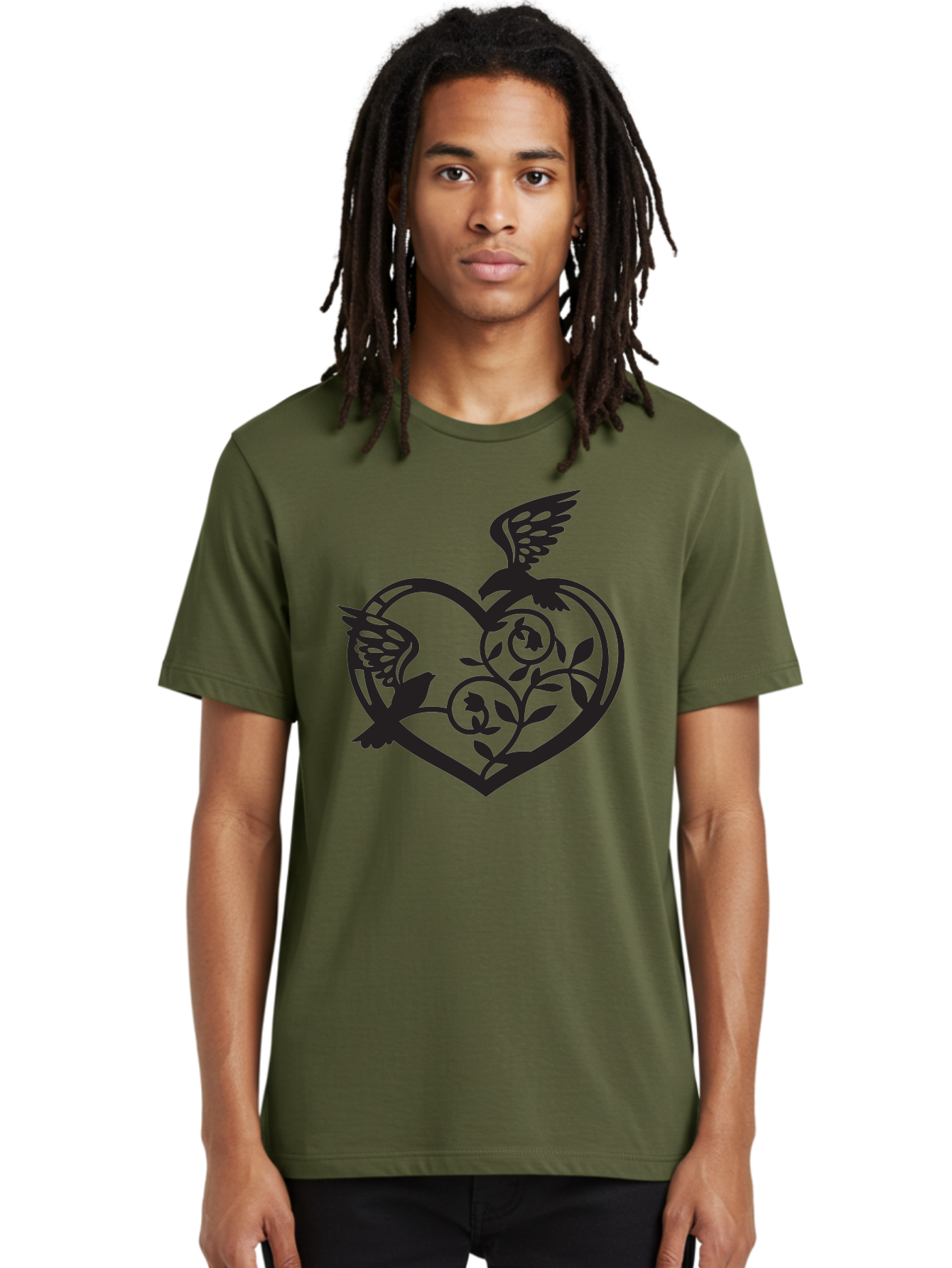 Birds-Heart Men'S Graphic Tee, 100% Cotton, Comfortable Casual Summer Wear, Machine Washable, Two Birds, Flying Birds, Heart Shape, Floral Design, Leafy Patterns, Love Symbol, Romantic Imagery, Bird Silhouettes, Whimsical Art, Elegant Design Aab257
