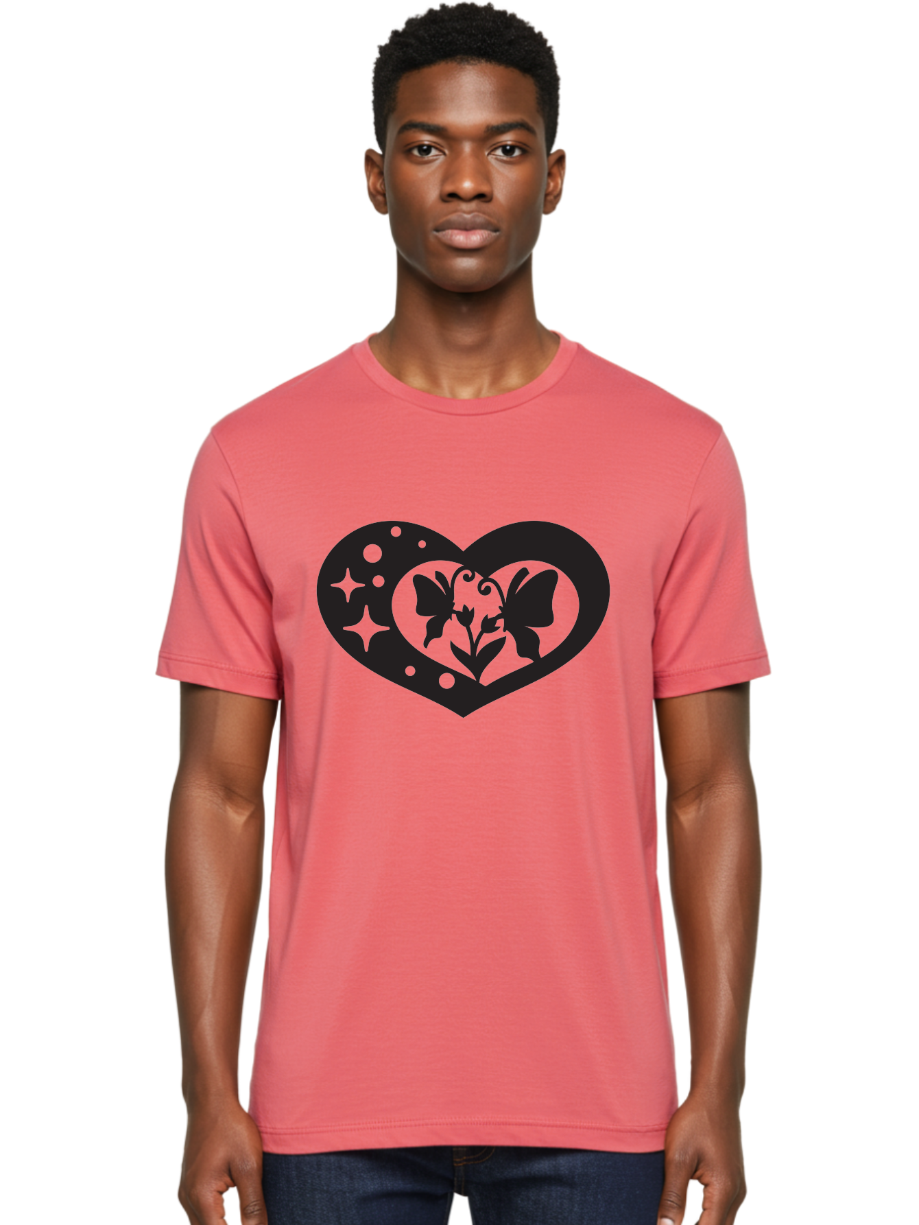 Butterfly-Heart Men'S Graphic Tee, 100% Cotton, Comfortable Casual Summer Wear, Machine Washable, Heart Shape, Butterfly Silhouette, Floral Design, Whimsical Graphics, Decorative Art, Symbolic Heart, Nature-Inspired, Mystical Charm, Aab259