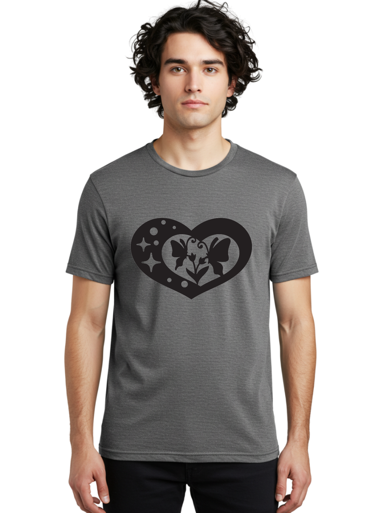 Butterfly-Heart Men'S Graphic Tee, 100% Cotton, Comfortable Casual Summer Wear, Machine Washable, Heart Shape, Butterfly Silhouette, Floral Design, Whimsical Graphics, Decorative Art, Symbolic Heart, Nature-Inspired, Mystical Charm, Aab259