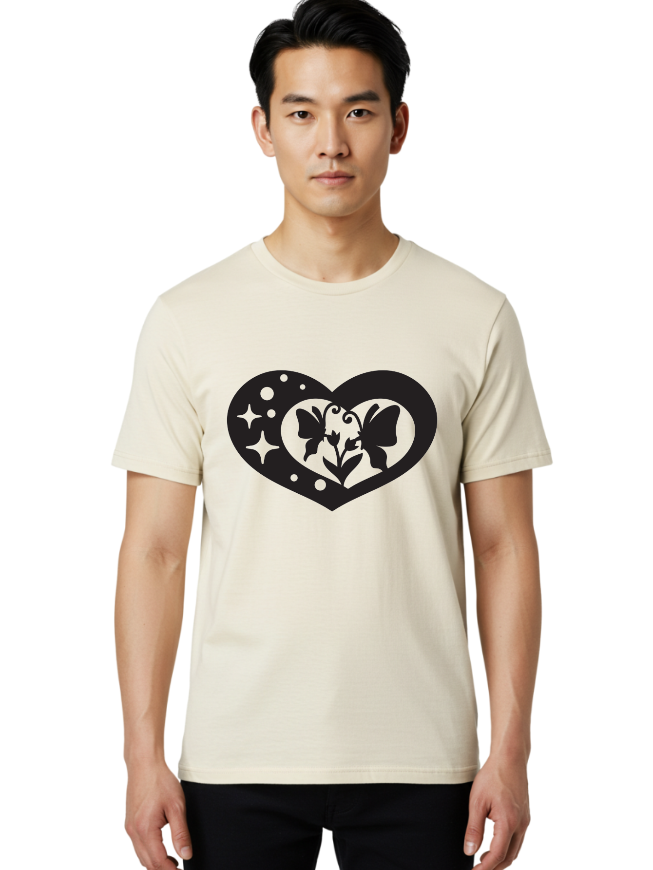 Butterfly-Heart Men'S Graphic Tee, 100% Cotton, Comfortable Casual Summer Wear, Machine Washable, Heart Shape, Butterfly Silhouette, Floral Design, Whimsical Graphics, Decorative Art, Symbolic Heart, Nature-Inspired, Mystical Charm, Aab259