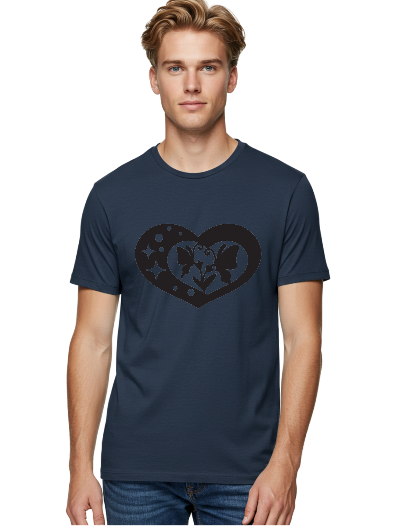 Butterfly-Heart Men'S Graphic Tee, 100% Cotton, Comfortable Casual Summer Wear, Machine Washable, Heart Shape, Butterfly Silhouette, Floral Design, Whimsical Graphics, Decorative Art, Symbolic Heart, Nature-Inspired, Mystical Charm, Aab259