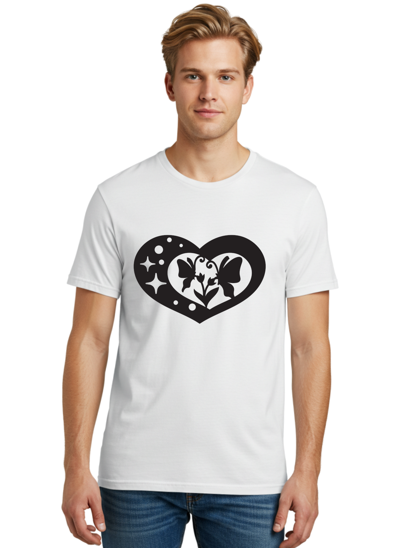 Butterfly-Heart Men'S Graphic Tee, 100% Cotton, Comfortable Casual Summer Wear, Machine Washable, Heart Shape, Butterfly Silhouette, Floral Design, Whimsical Graphics, Decorative Art, Symbolic Heart, Nature-Inspired, Mystical Charm, Aab259