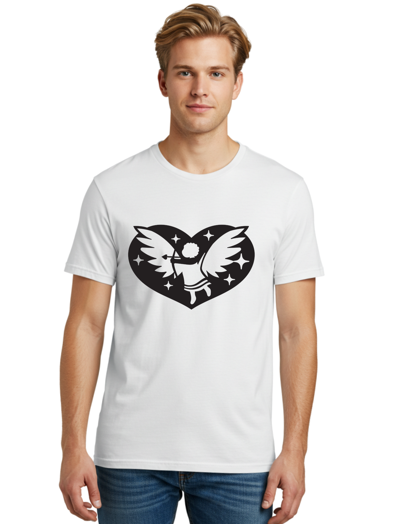 Cupid-Heart Men'S Graphic Tee, 100% Cotton, Comfortable Casual Summer Wear, Machine Washable, Cupid With Bow And Arrow, Heart Shape, Winged Cherub, Love Symbol, Valentines Day, Romance, Stars, Mythological Figure, Love Heart Aab262