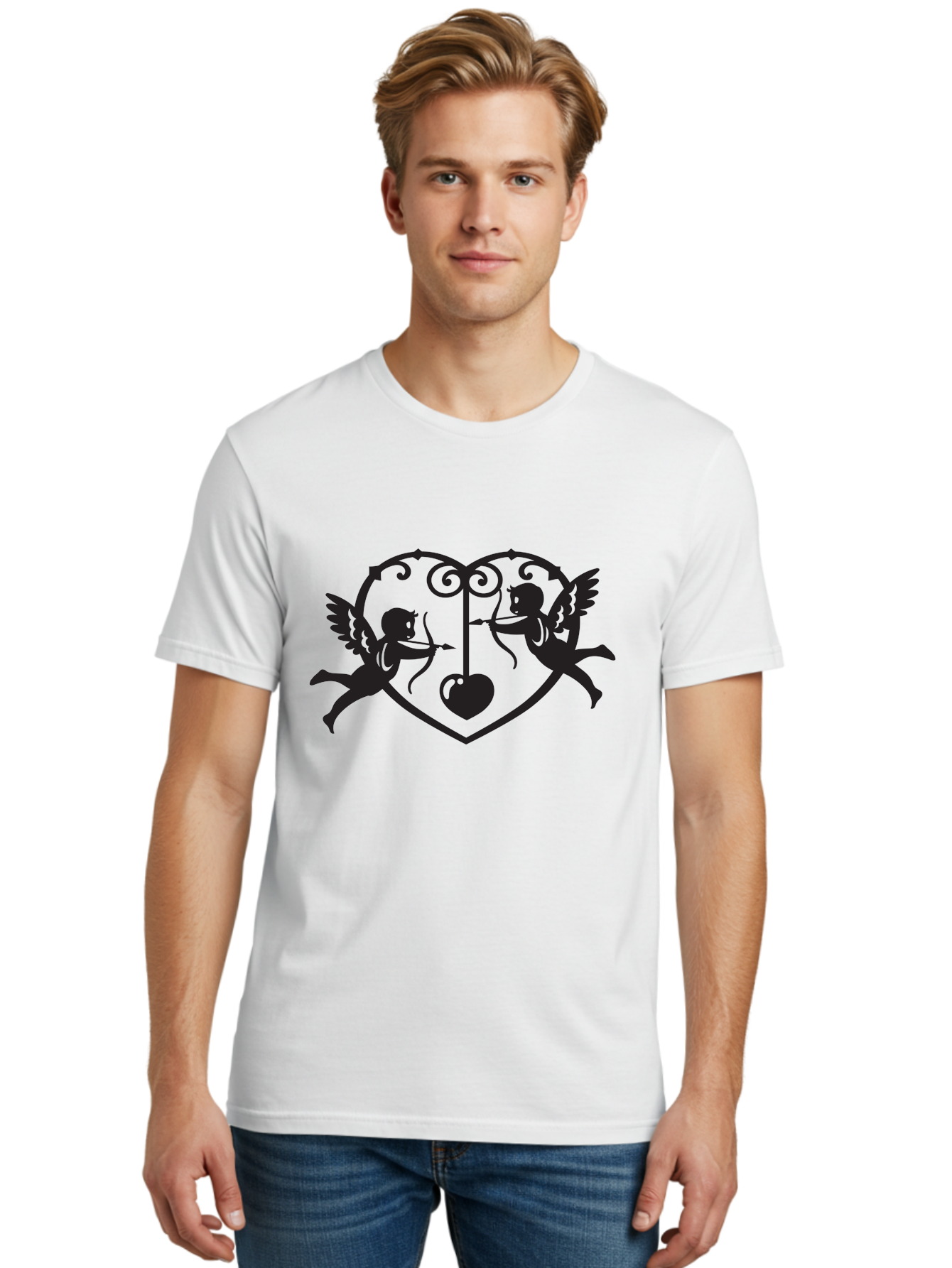 Cupid-Shooting-Arrow-At-Heart Men'S Graphic Tee, 100% Cotton, Comfortable Casual Summer Wear, Machine Washable, Cupid Shooting Arrows, Love Heart, Symbol Of Love, Romantic Icon, Valentine'S Day Theme, Cherub With Bow And Arrow, Aab263