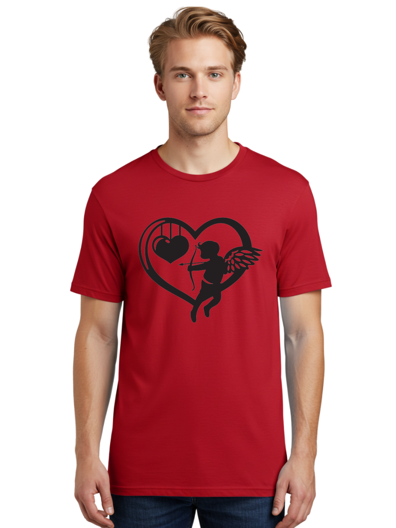Cupid-With-Bow-And-Arrow Men'S Graphic Tee, 100% Cotton, Comfortable Casual Summer Wear, Machine Washable, Cupid Shooting Arrow, Heart Shape, Love Symbol, Romantic Gesture, Arrow And Heart, Valentine'S Day Icon, Cherub With Bow Aab264