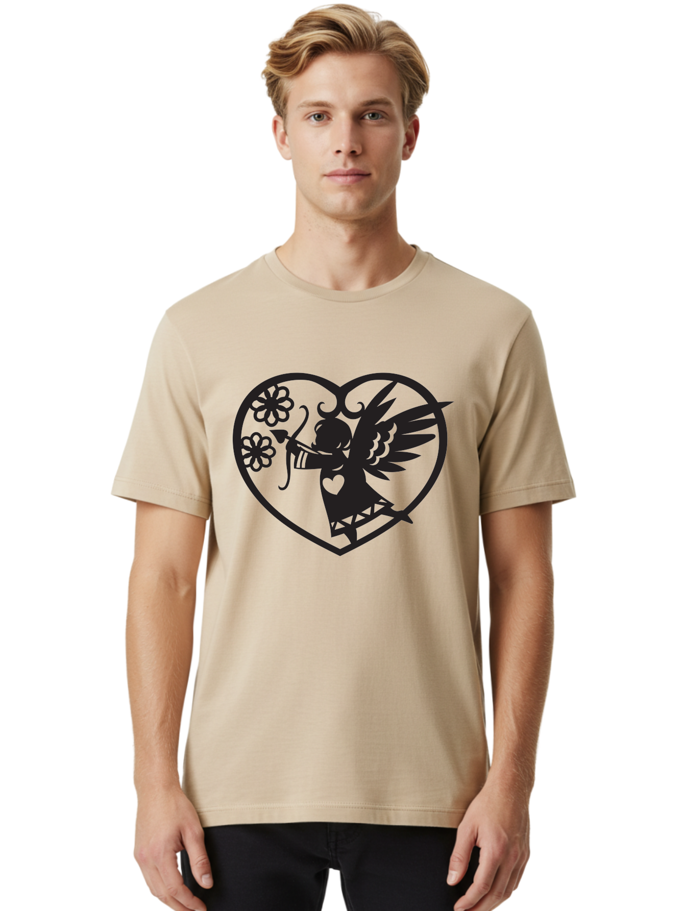 Cupid-With-Flowers Men'S Graphic Tee, 100% Cotton, Comfortable Casual Summer Wear, Machine Washable, Cupid With Bow And Arrow, Love Symbol, Valentines Day Icon, Heart Shaped Frame, Floral Elements, Romance And Love, Cherub With Wings Aab265