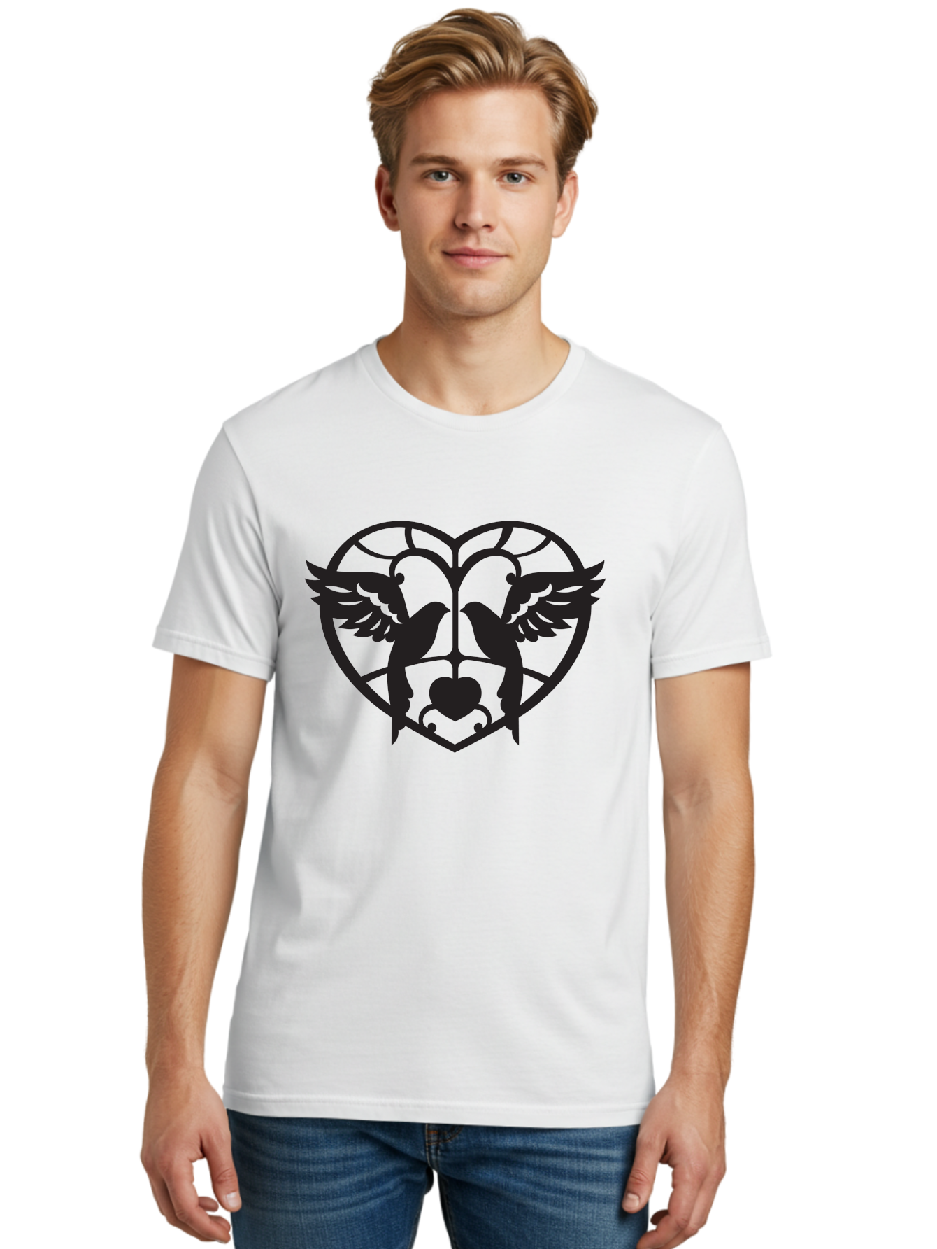 Dove-Heart Men'S Graphic Tee, 100% Cotton, Comfortable Casual Summer Wear, Machine Washable, Doves In Love, Heart Symbol, Symbol Of Love, Peace Doves, Unity, Harmony, Love And Peace, Couple Doves, Decorative Doves Aab268