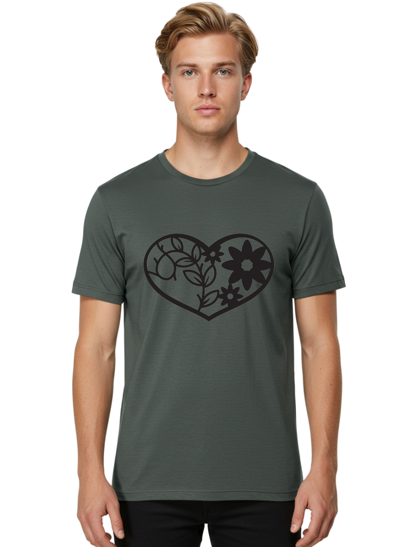 Floral-Heart Men'S Graphic Tee, 100% Cotton, Comfortable Casual Summer Wear, Machine Washable, Heart Shape, Floral Design, Flowers, Leaves, Botanical Elements, Love Symbol, Decorative Art, Simple Illustrations, Minimalist Style, Flower Motifs Aab269