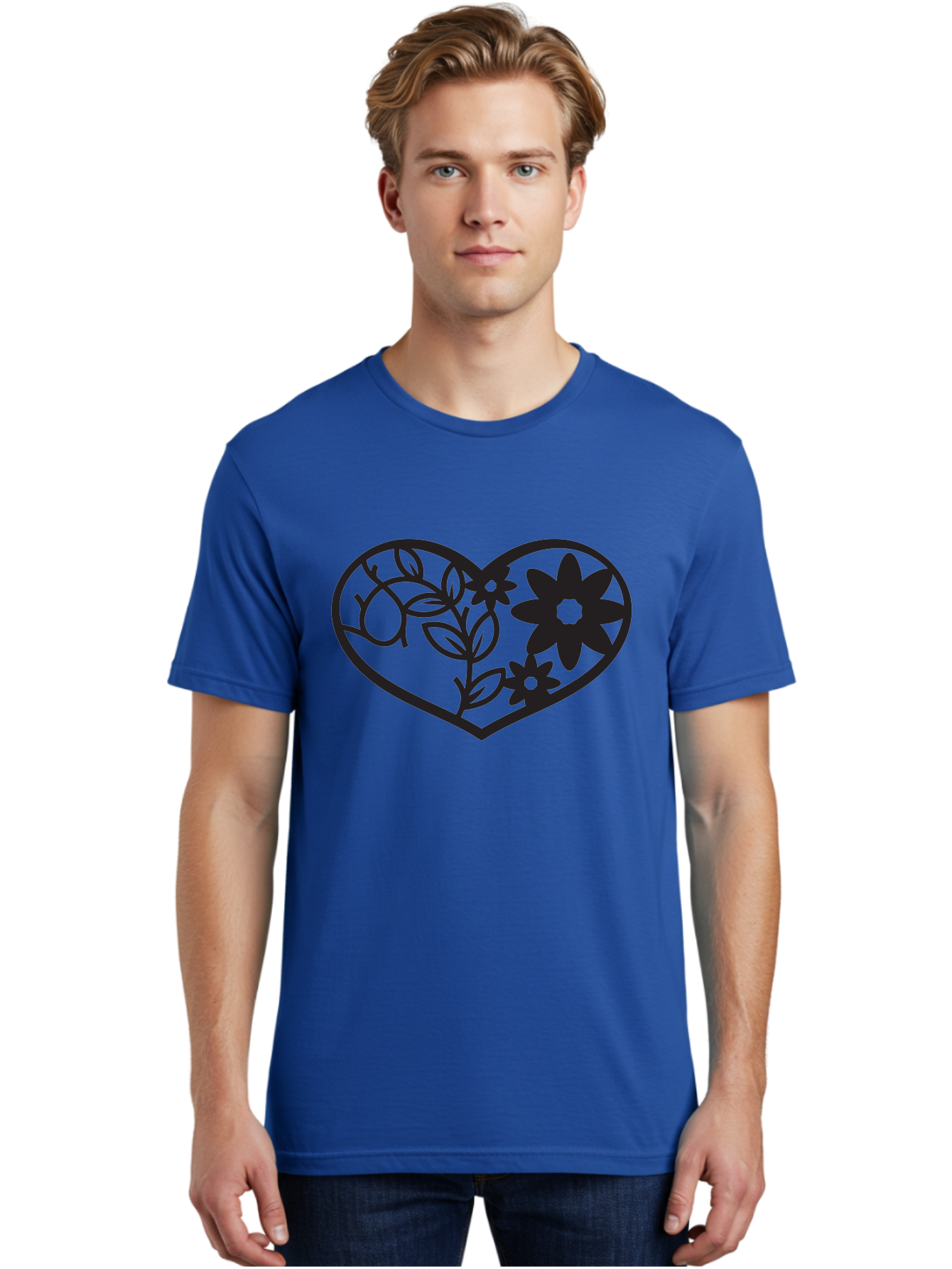 Floral-Heart Men'S Graphic Tee, 100% Cotton, Comfortable Casual Summer Wear, Machine Washable, Heart Shape, Floral Design, Flowers, Leaves, Botanical Elements, Love Symbol, Decorative Art, Simple Illustrations, Minimalist Style, Flower Motifs Aab269