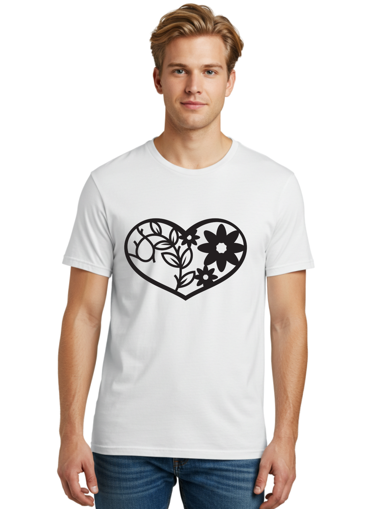 Floral-Heart Men'S Graphic Tee, 100% Cotton, Comfortable Casual Summer Wear, Machine Washable, Heart Shape, Floral Design, Flowers, Leaves, Botanical Elements, Love Symbol, Decorative Art, Simple Illustrations, Minimalist Style, Flower Motifs Aab269