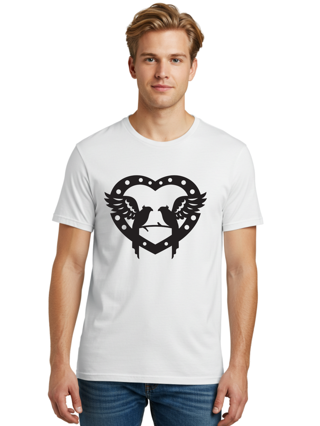 Heart-Birds Men'S Graphic Tee, 100% Cotton, Comfortable Casual Summer Wear, Machine Washable, Love Birds, Heart Shape, Decorative Key, Symbol Of Love, Romantic Motifs, Valentine'S Day Theme, Couple Birds, Winged Hearts, Ornate Design, Aab273