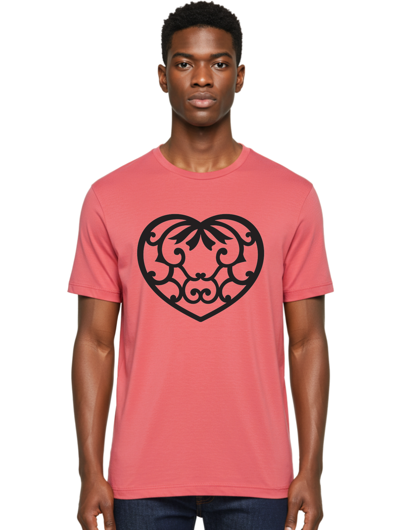 Heart-Filigree Men'S Graphic Tee, 100% Cotton, Comfortable Casual Summer Wear, Machine Washable, Filigree Heart, Floral Pattern, Heart Shape, Black Design, Ornate Details, Elegant Style, Romantic Symbol, Decorative Art Aab275