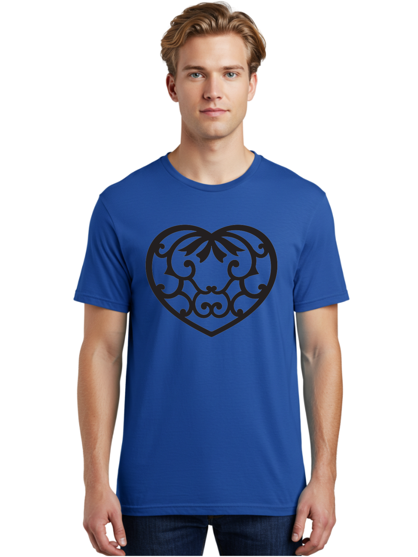 Heart-Filigree Men'S Graphic Tee, 100% Cotton, Comfortable Casual Summer Wear, Machine Washable, Filigree Heart, Floral Pattern, Heart Shape, Black Design, Ornate Details, Elegant Style, Romantic Symbol, Decorative Art Aab275