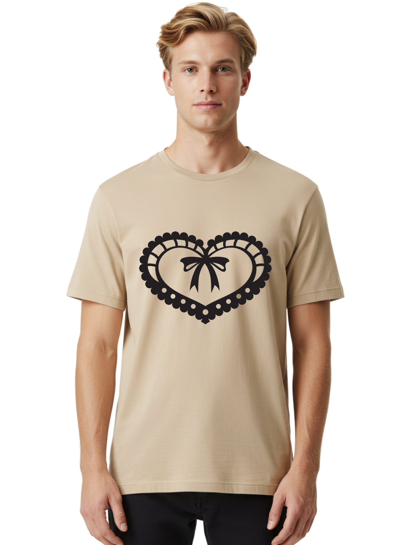 Heart-With-Bow-1 Men'S Graphic Tee, 100% Cotton, Comfortable Casual Summer Wear, Machine Washable, Heart Shape, Decorative Bow, Lace Details, Intricate Design, Love Symbol, Valentines Day, Heart Icon, Cute Graphic Aab278