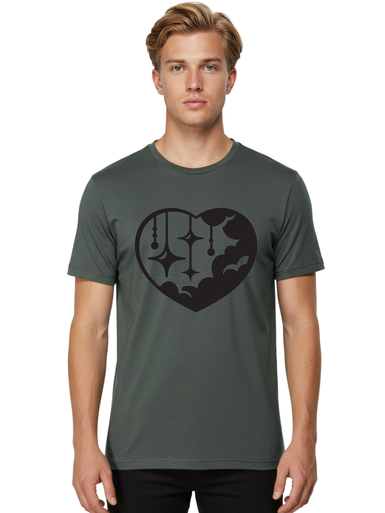 Heart-With-Clouds-And-Stars Men'S Graphic Tee, 100% Cotton, Comfortable Casual Summer Wear, Machine Washable, Heart Shape, Clouds, Stars, Celestial Design, Mystical Patterns, Whimsical Art, Dreamy Silhouettes, Abstract Shapes, Symbolic Heart Aab280