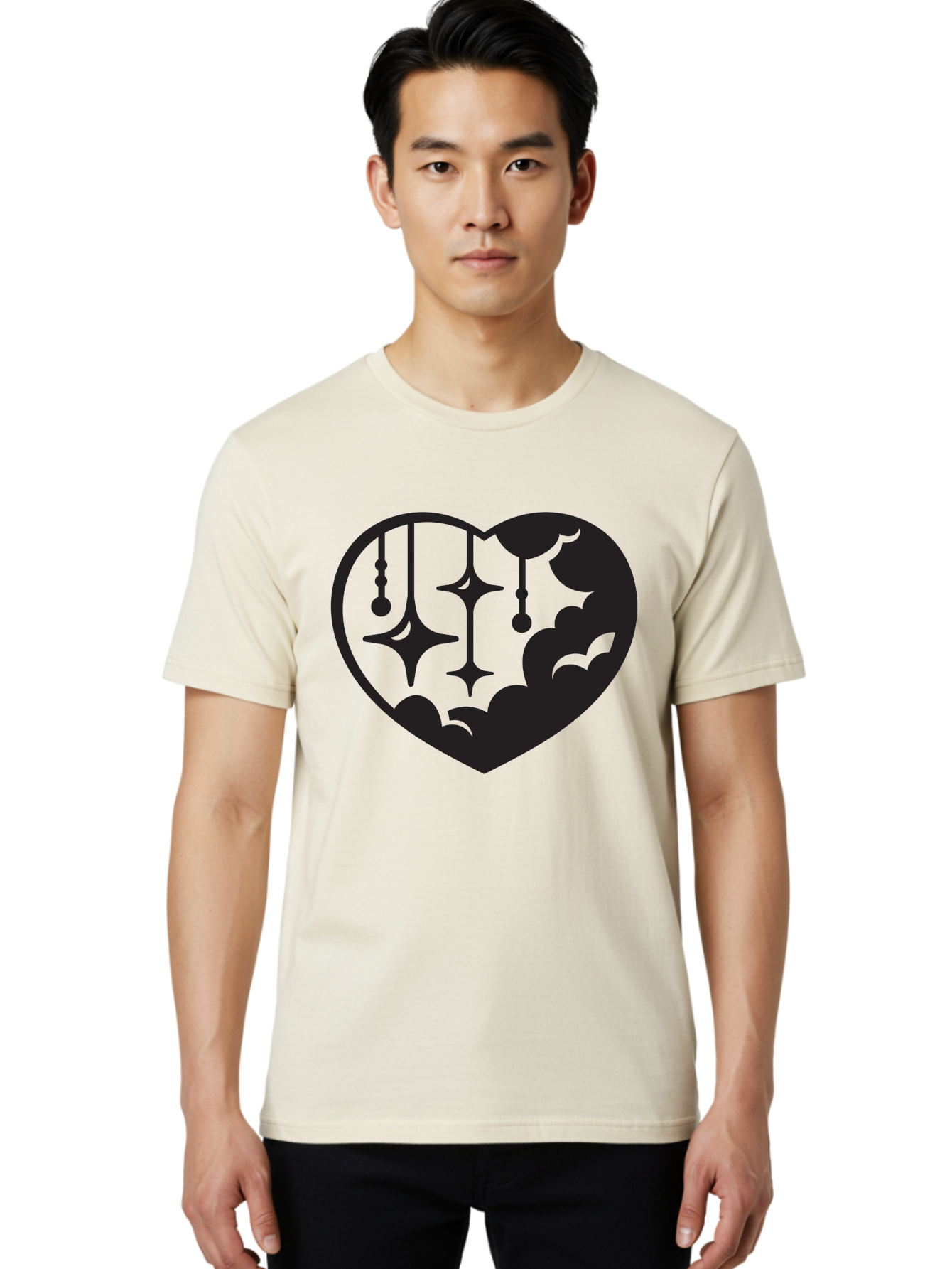 Heart-With-Clouds-And-Stars Men'S Graphic Tee, 100% Cotton, Comfortable Casual Summer Wear, Machine Washable, Heart Shape, Clouds, Stars, Celestial Design, Mystical Patterns, Whimsical Art, Dreamy Silhouettes, Abstract Shapes, Symbolic Heart Aab280