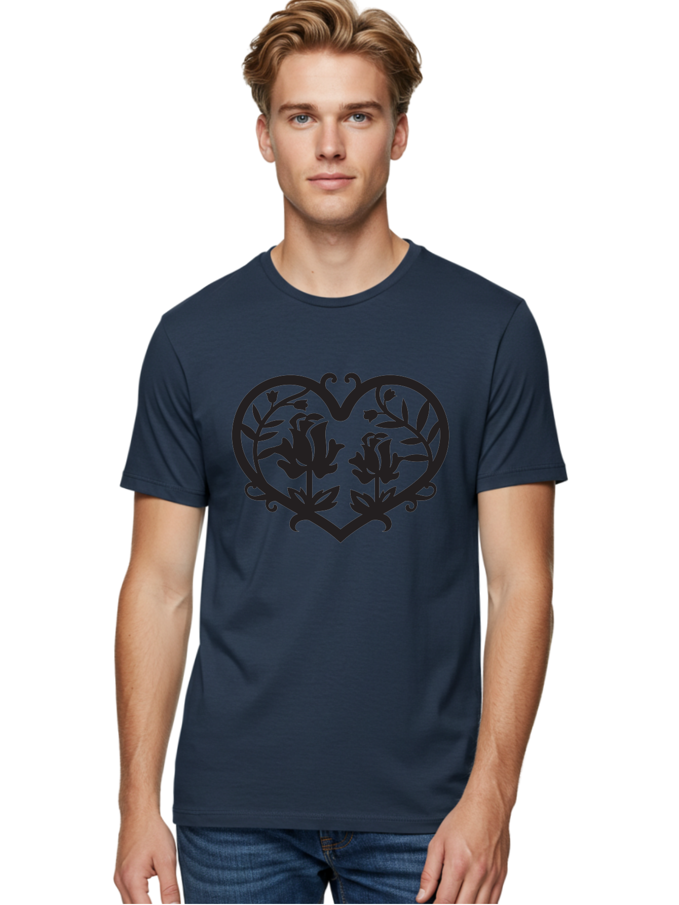 Heart-With-Flowers Men'S Graphic Tee, 100% Cotton, Comfortable Casual Summer Wear, Machine Washable, Heart Shape, Floral Design, Black Silhouette, Rose Flowers, Leaves And Vines, Decorative Elements, Symbolic Heart, Intricate Details, Aab282
