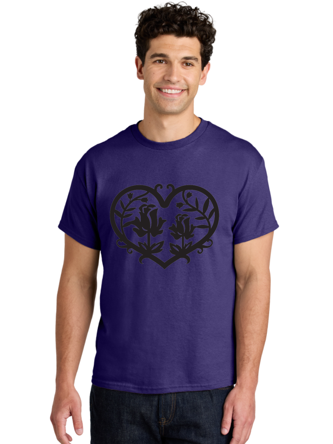 Heart-With-Flowers Men'S Graphic Tee, 100% Cotton, Comfortable Casual Summer Wear, Machine Washable, Heart Shape, Floral Design, Black Silhouette, Rose Flowers, Leaves And Vines, Decorative Elements, Symbolic Heart, Intricate Details, Aab282