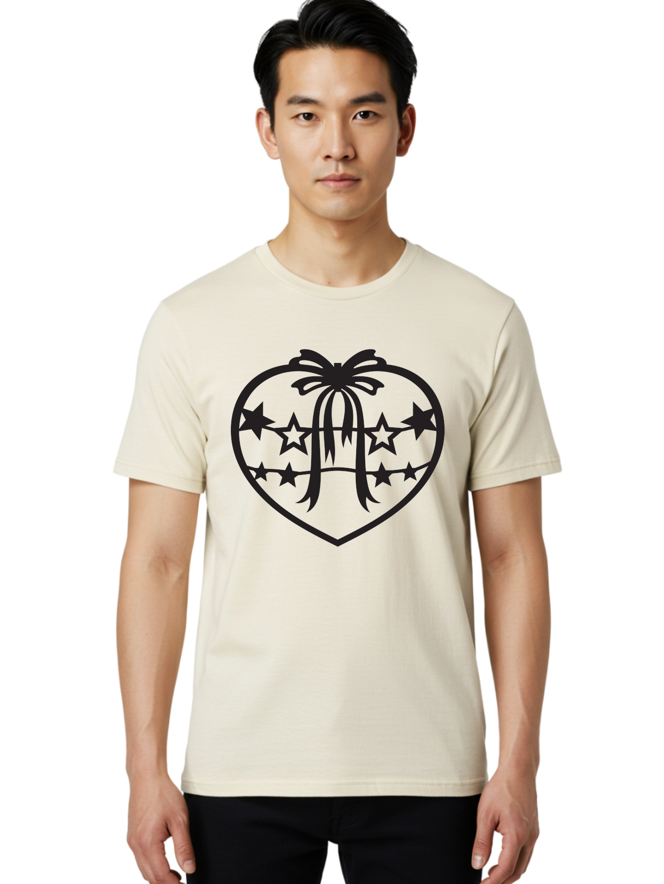 Heart-With-Ribbon-And-Stars Men'S Graphic Tee, 100% Cotton, Comfortable Casual Summer Wear, Machine Washable, Heart Shape, Stars, Ribbon Bow, Love Symbol, Heart Design, Celestial Theme, Starry Night, Heart Graphic, Ribbon, Abstract Art Aab283