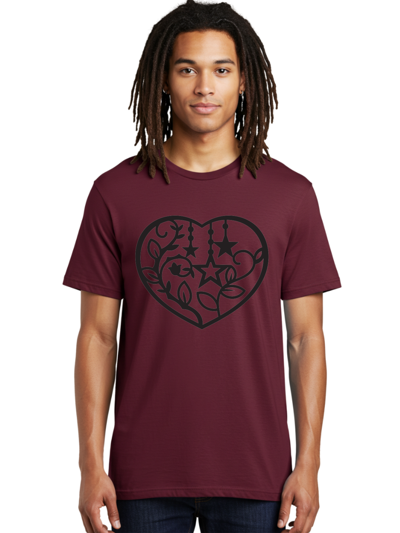 Heart-With-Stars-And-Leaves Men'S Graphic Tee, 100% Cotton, Comfortable Casual Summer Wear, Machine Washable, Heart Shape, Floral Design, Stars, Leaves, Vines, Decorative Elements, Symbolic Heart, Stylized Graphics, Minimalist Art Aab284