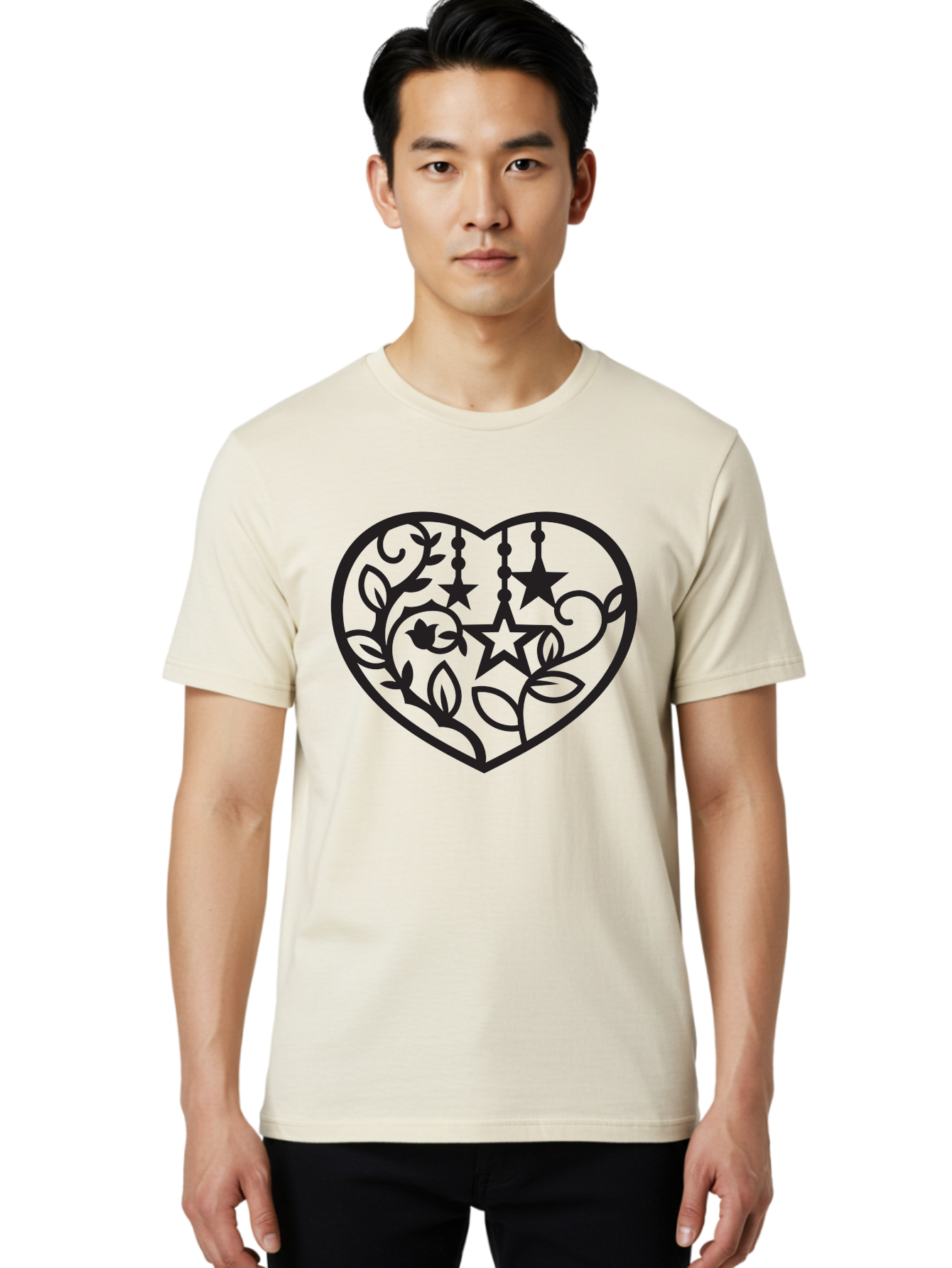 Heart-With-Stars-And-Leaves Men'S Graphic Tee, 100% Cotton, Comfortable Casual Summer Wear, Machine Washable, Heart Shape, Floral Design, Stars, Leaves, Vines, Decorative Elements, Symbolic Heart, Stylized Graphics, Minimalist Art Aab284