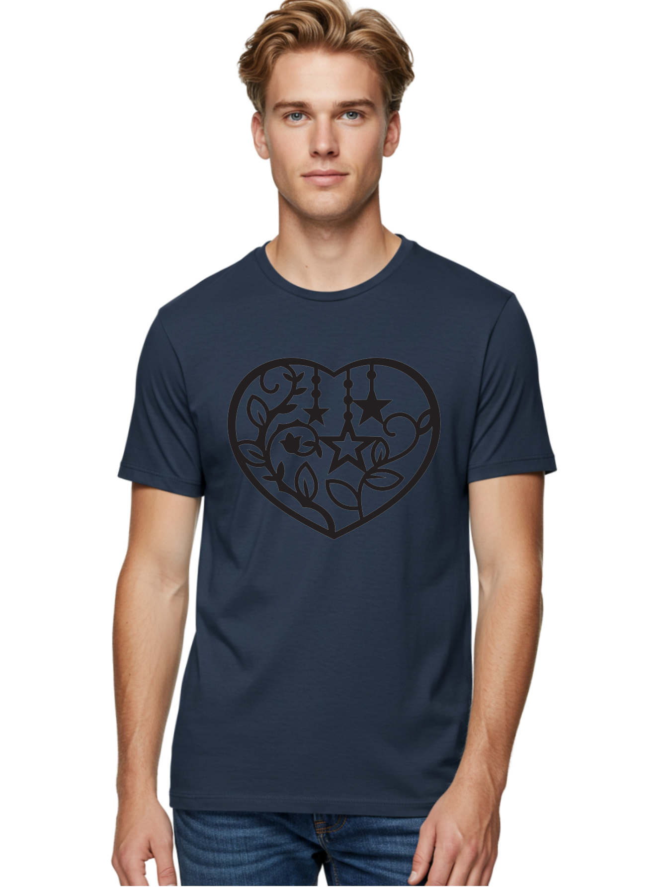 Heart-With-Stars-And-Leaves Men'S Graphic Tee, 100% Cotton, Comfortable Casual Summer Wear, Machine Washable, Heart Shape, Floral Design, Stars, Leaves, Vines, Decorative Elements, Symbolic Heart, Stylized Graphics, Minimalist Art Aab284