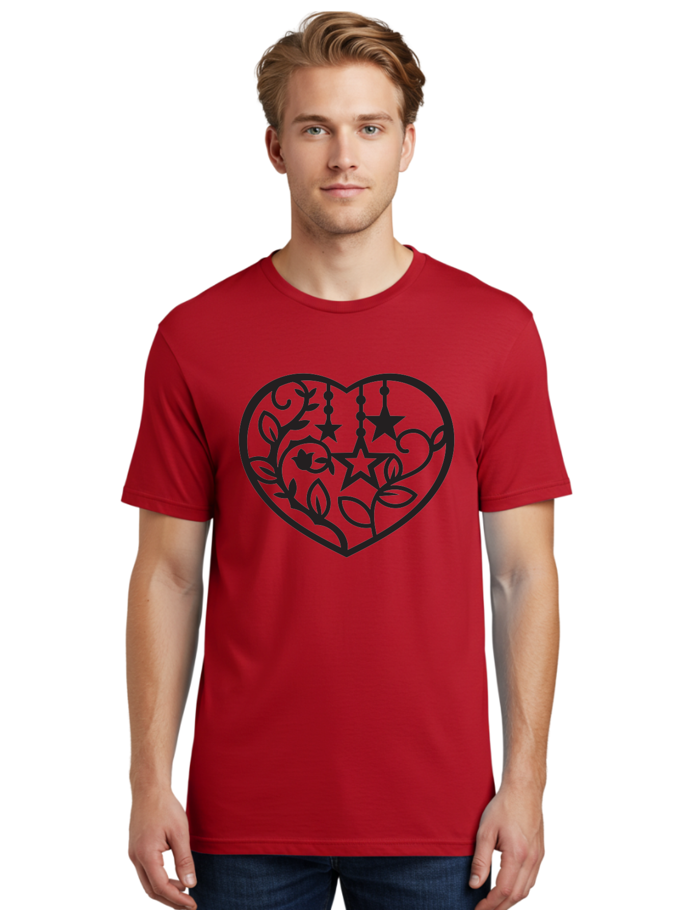 Heart-With-Stars-And-Leaves Men'S Graphic Tee, 100% Cotton, Comfortable Casual Summer Wear, Machine Washable, Heart Shape, Floral Design, Stars, Leaves, Vines, Decorative Elements, Symbolic Heart, Stylized Graphics, Minimalist Art Aab284