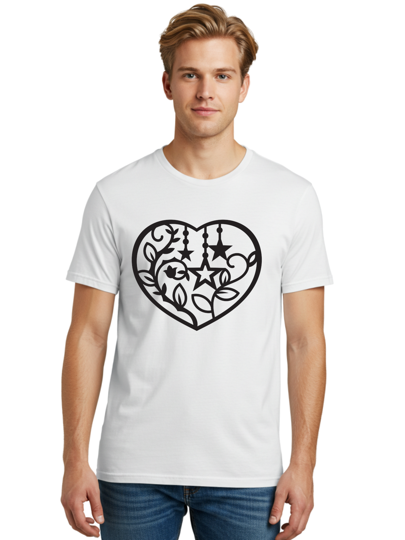 Heart-With-Stars-And-Leaves Men'S Graphic Tee, 100% Cotton, Comfortable Casual Summer Wear, Machine Washable, Heart Shape, Floral Design, Stars, Leaves, Vines, Decorative Elements, Symbolic Heart, Stylized Graphics, Minimalist Art Aab284