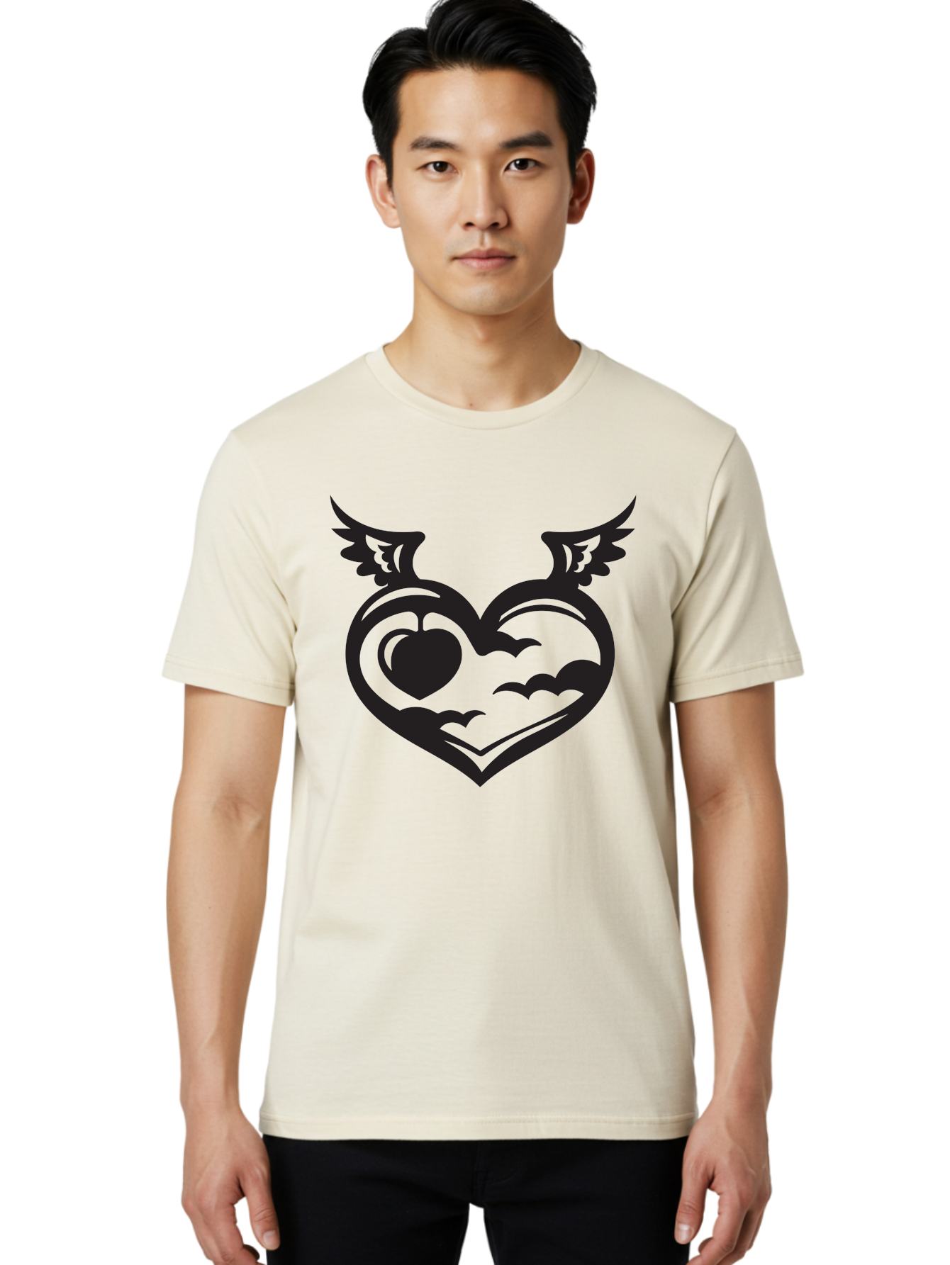 Heart-With-Wings-And-Apple Men'S Graphic Tee, 100% Cotton, Comfortable Casual Summer Wear, Machine Washable, Winged Heart Symbol, Heart With Wings, Apple Inside Heart, Symbolic Artwork, Tattoo Design, Love Icon, Heart Icon, Aab286