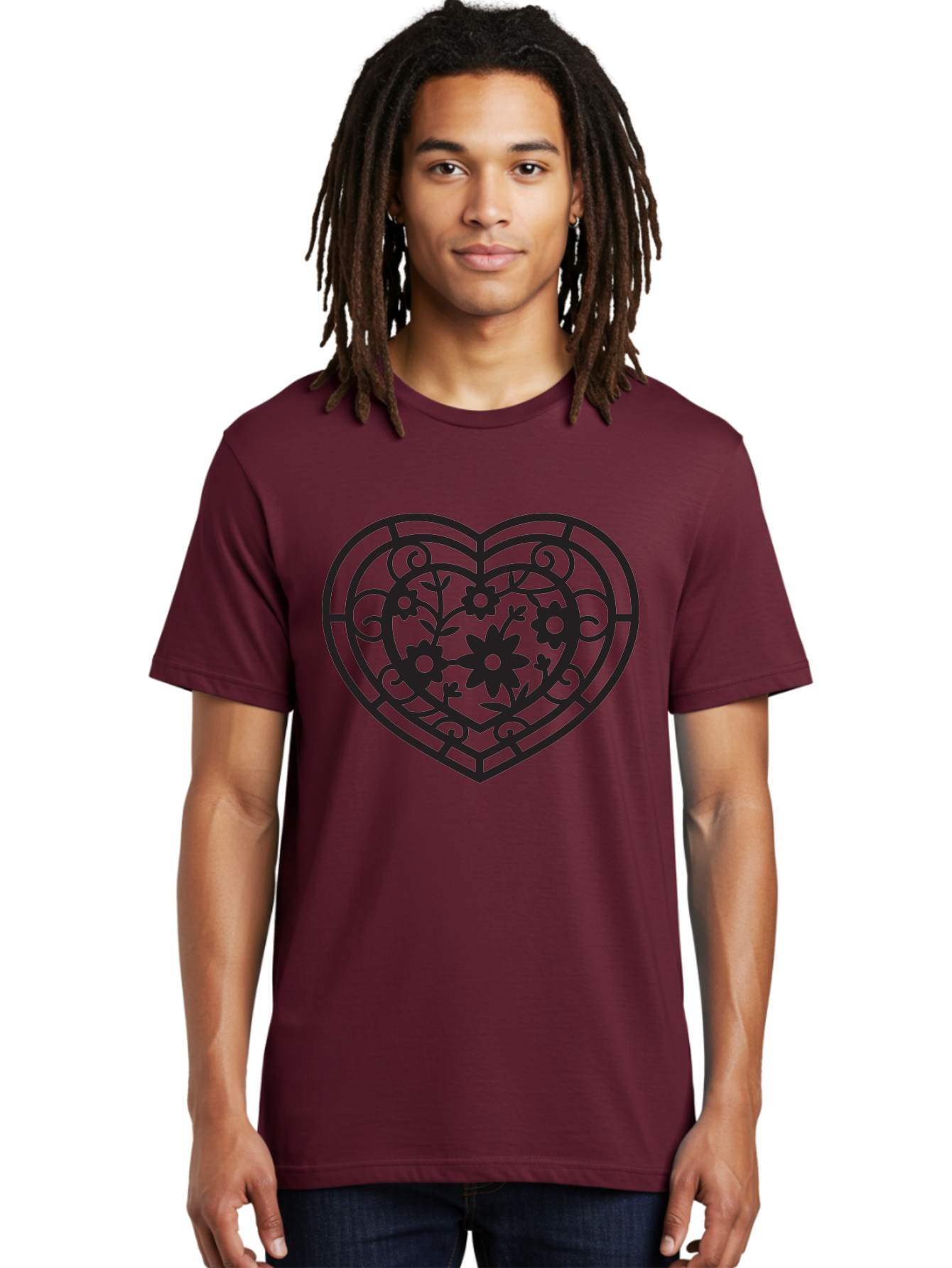 Heart Men'S Graphic Tee, 100% Cotton, Comfortable Casual Summer Wear, Machine Washable, Heart Shape, Floral Patterns, Black Outline, Ornate Details, Vintage Style, Love Symbol, Floral Motifs, Decorative Art Aab288