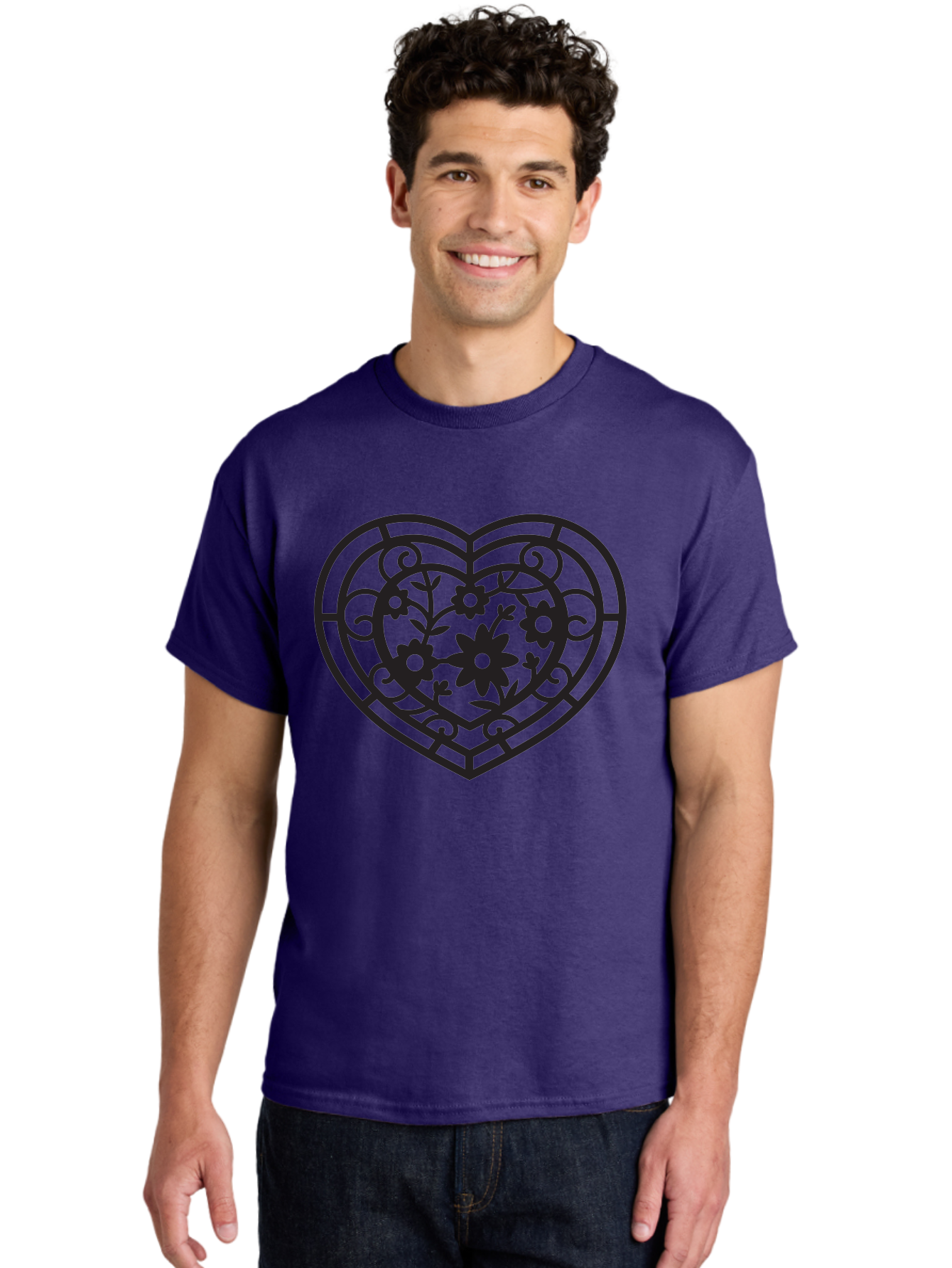 Heart Men'S Graphic Tee, 100% Cotton, Comfortable Casual Summer Wear, Machine Washable, Heart Shape, Floral Patterns, Black Outline, Ornate Details, Vintage Style, Love Symbol, Floral Motifs, Decorative Art Aab288