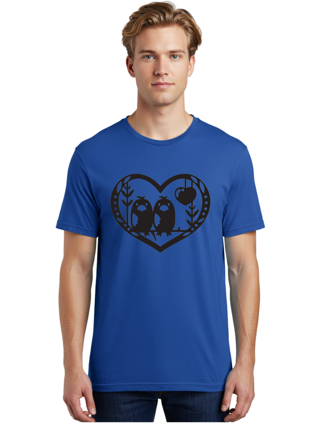 Love-Birds-1 Men'S Graphic Tee, 100% Cotton, Comfortable Casual Summer Wear, Machine Washable, Pair Of Birds Perched On Branch, Heart-Shaped Frame, Love Symbolism, Decorative Design, Minimalist Style, Simple Shapes, Cute Illustration, Aab291