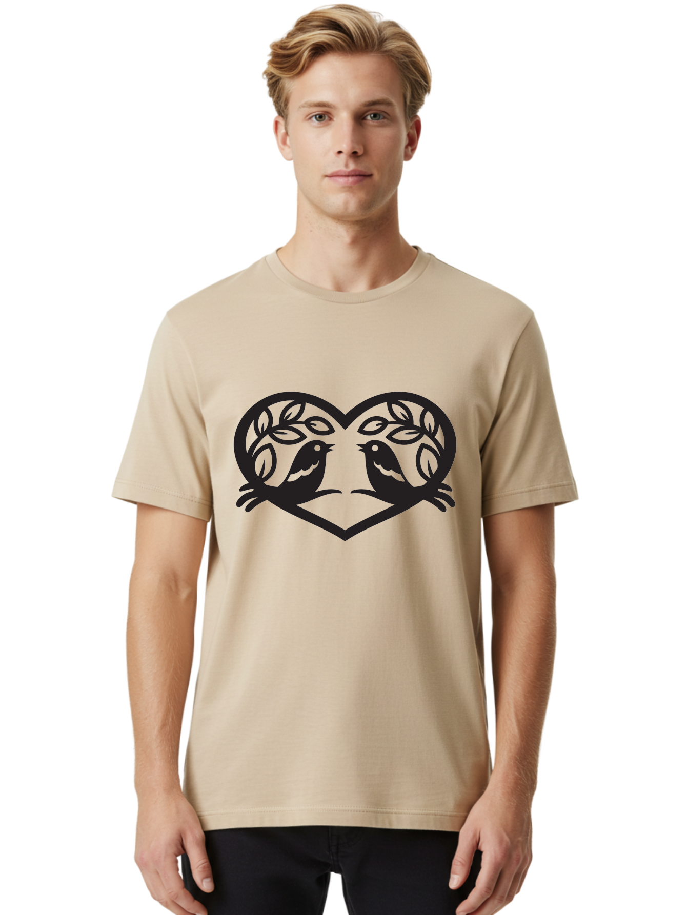 Love-Birds-Heart Men'S Graphic Tee, 100% Cotton, Comfortable Casual Summer Wear, Machine Washable, Love Birds, Heart Shape, Leafy Branches, Couple Birds, Tender Moment, Symbol Of Love, Peaceful Scene, Nature-Inspired Art Aab292