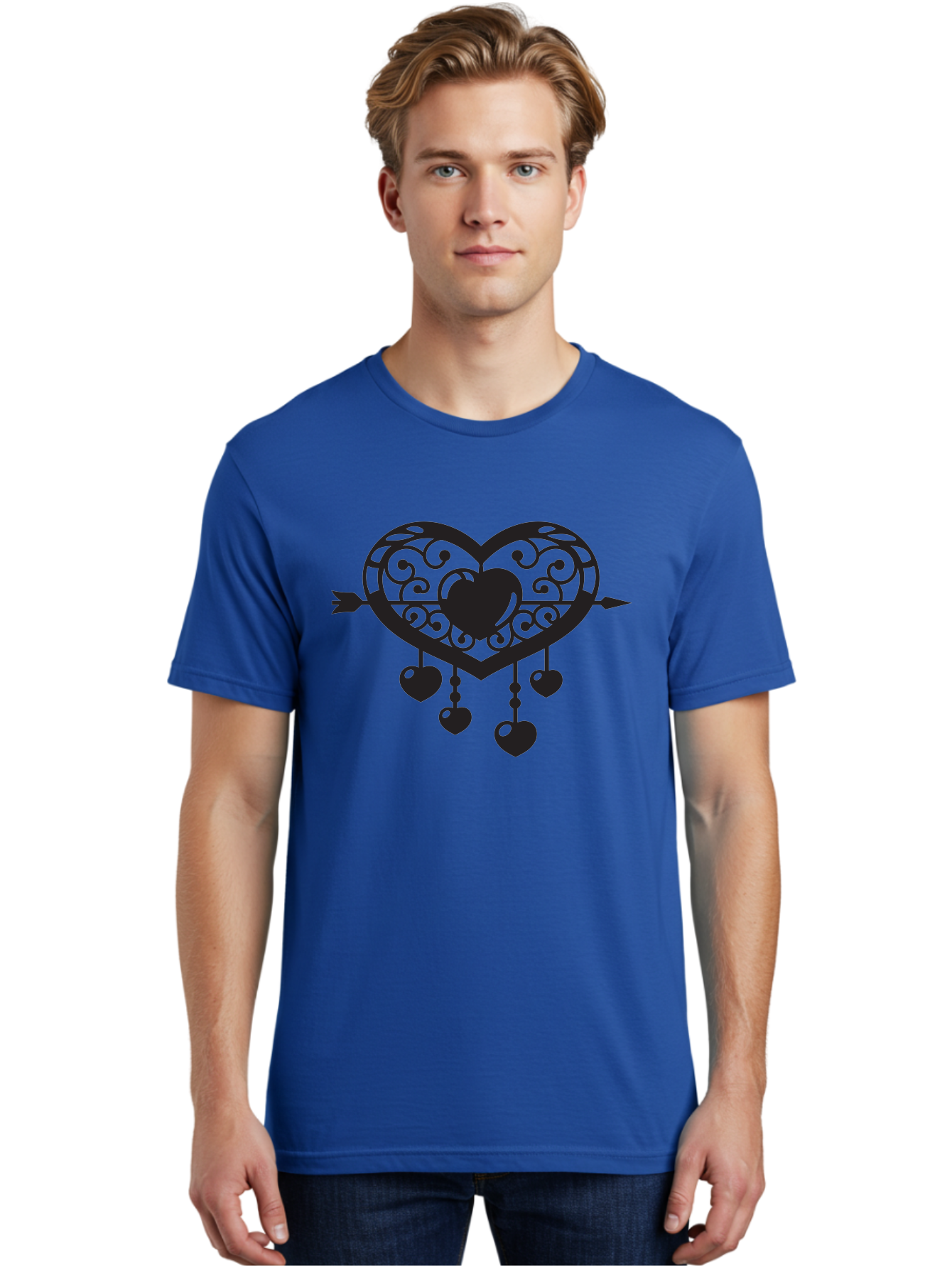 Pierced-Ornate-Heart Men'S Graphic Tee, 100% Cotton, Comfortable Casual Summer Wear, Machine Washable, Heart Pierced By Arrow, Ornate Heart Design, Dangling Hearts, Symbolic Love, Valentines Day Theme, Decorative Hearts, Romantic Gesture, Aab297