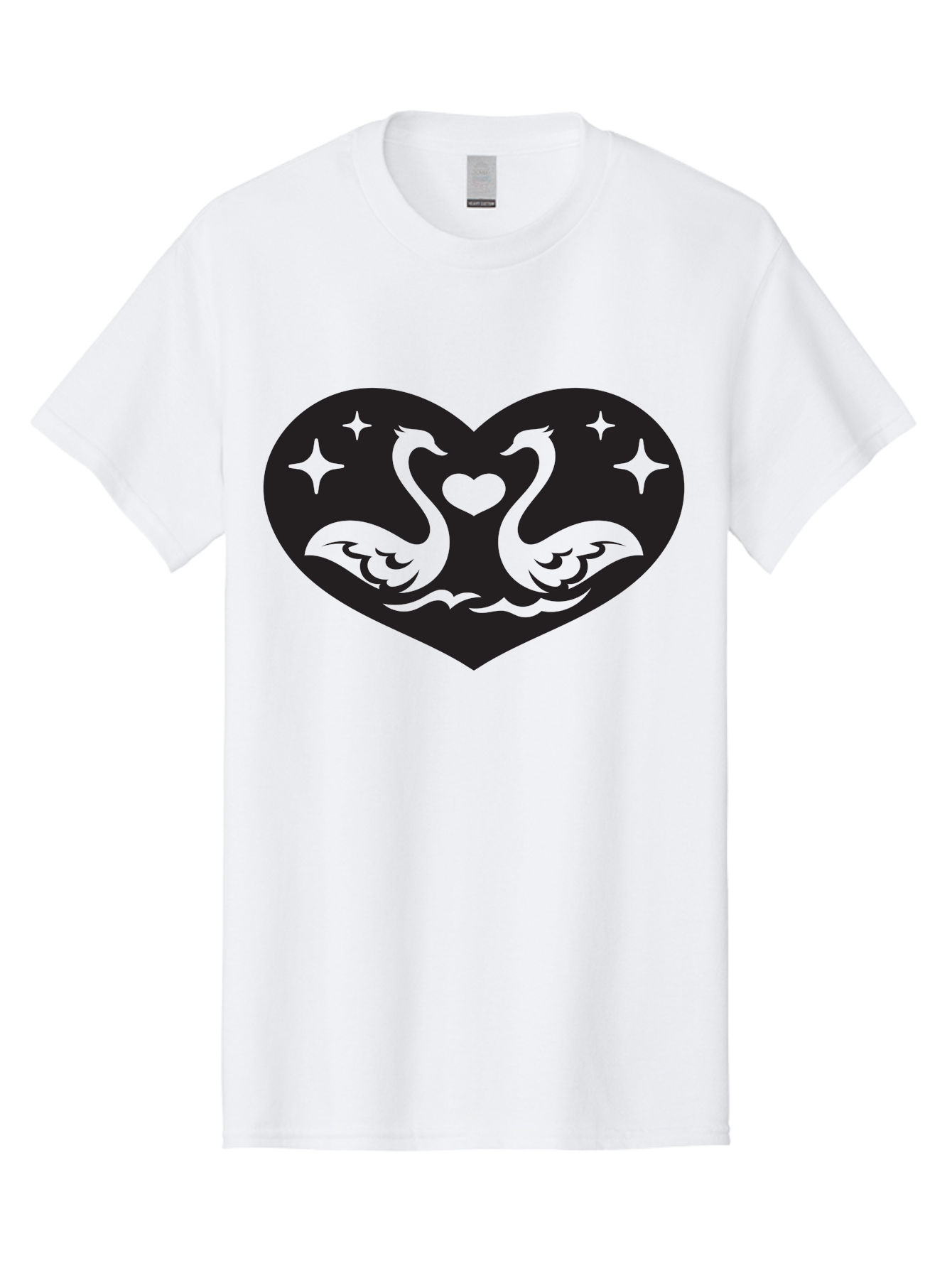 Swans-And-Heart Men'S Graphic Tee, 100% Cotton, Comfortable Casual Summer Wear, Machine Washable, Two Swans Forming A Heart Shape, Love Symbol, Swan Illustration, Heart-Shaped Graphic, Romantic Emblem, Starry Design, Whimsical Art, Love Art, Aab298