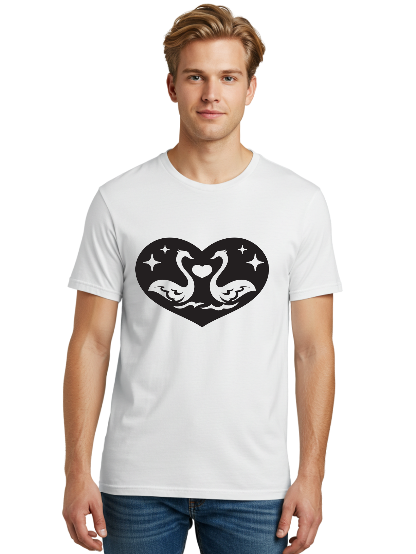 Swans-And-Heart Men'S Graphic Tee, 100% Cotton, Comfortable Casual Summer Wear, Machine Washable, Two Swans Forming A Heart Shape, Love Symbol, Swan Illustration, Heart-Shaped Graphic, Romantic Emblem, Starry Design, Whimsical Art, Love Art, Aab298