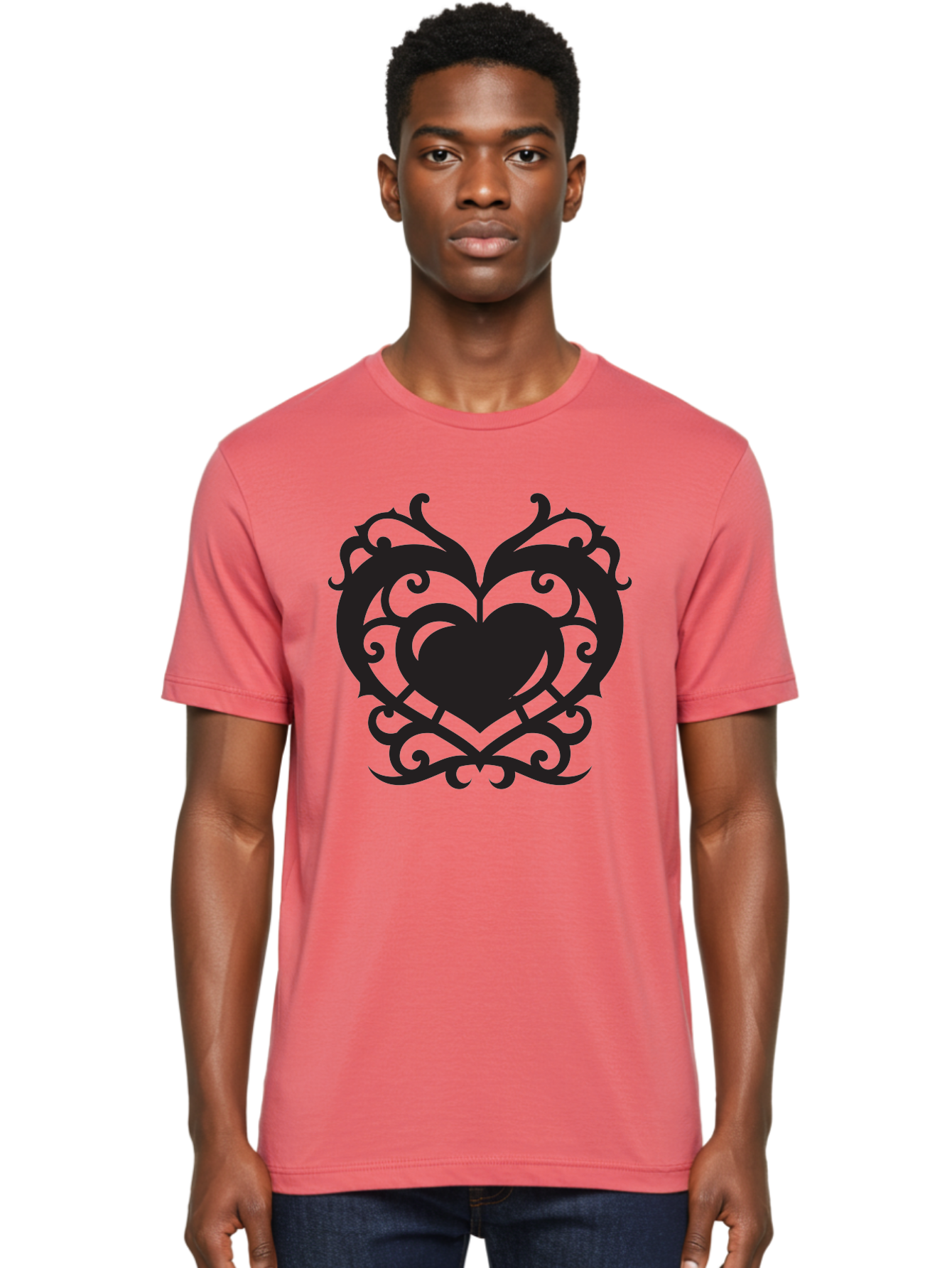 Tribal-Heart Men'S Graphic Tee, 100% Cotton, Comfortable Casual Summer Wear, Machine Washable, Heart Symbol, Decorative Heart, Gothic Design, Intricate Patterns, Filigree Art, Symbolic Love, Ornate Details, Heart Shape, Elegant Design, Aab300