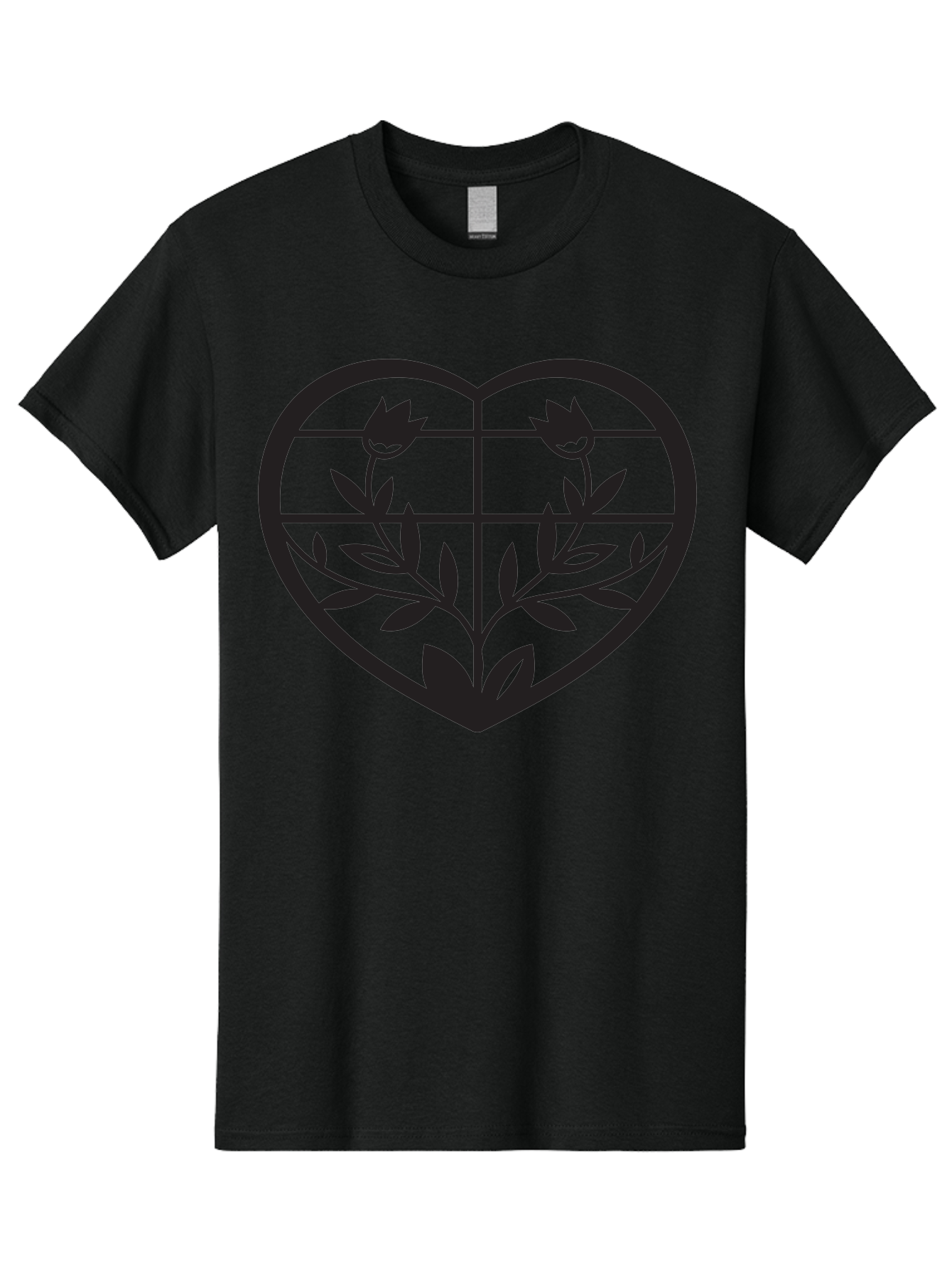 Tulips-Heart Men'S Graphic Tee, 100% Cotton, Comfortable Casual Summer Wear, Machine Washable, Heart Shape, Tulip Flowers, Leafy Stems, Floral Design, Love Symbol, Minimalist Art, Simple Graphics, Grid Pattern, Black Silhouette Aab302