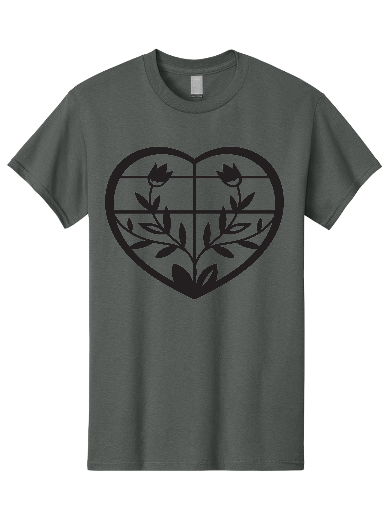 Tulips-Heart Men'S Graphic Tee, 100% Cotton, Comfortable Casual Summer Wear, Machine Washable, Heart Shape, Tulip Flowers, Leafy Stems, Floral Design, Love Symbol, Minimalist Art, Simple Graphics, Grid Pattern, Black Silhouette Aab302