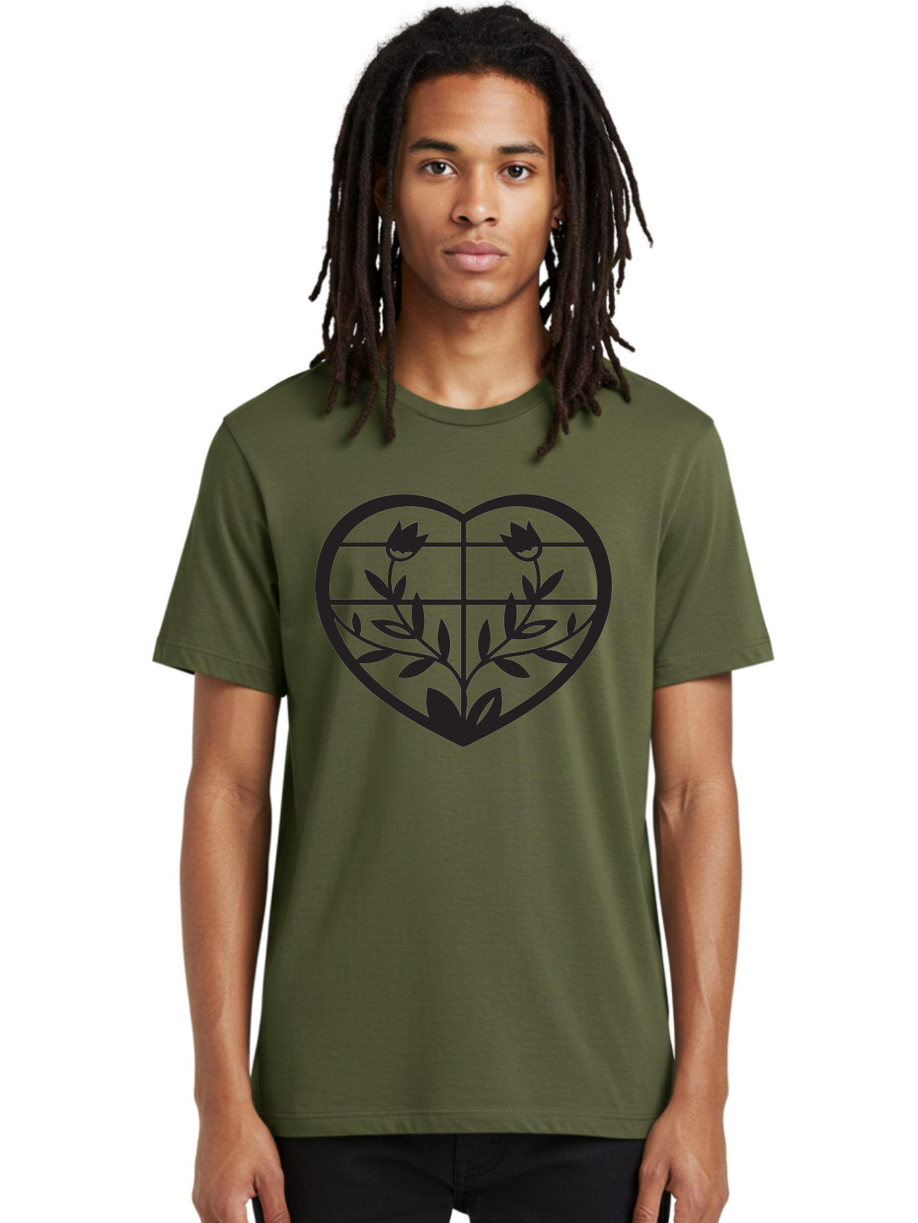 Tulips-Heart Men'S Graphic Tee, 100% Cotton, Comfortable Casual Summer Wear, Machine Washable, Heart Shape, Tulip Flowers, Leafy Stems, Floral Design, Love Symbol, Minimalist Art, Simple Graphics, Grid Pattern, Black Silhouette Aab302