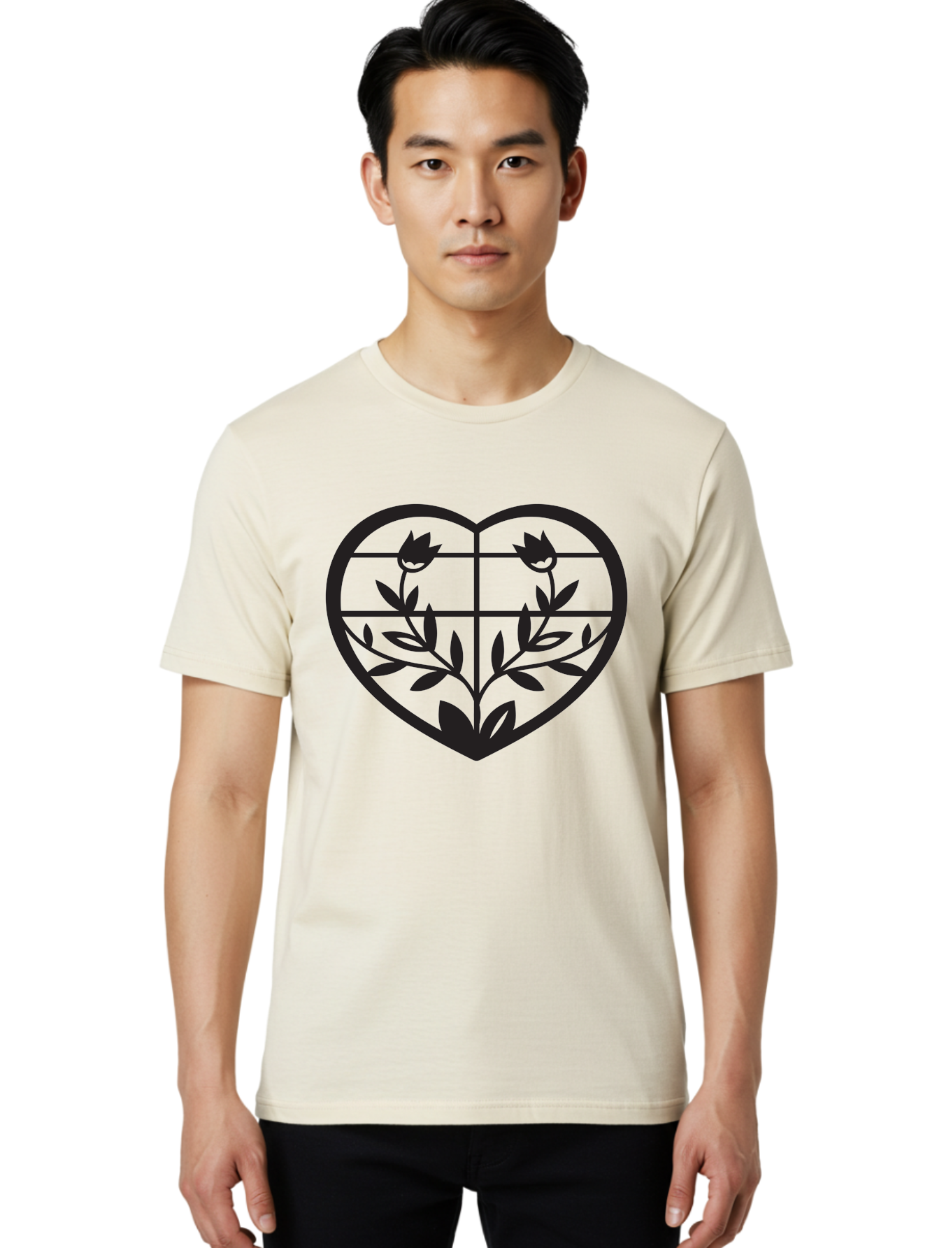 Tulips-Heart Men'S Graphic Tee, 100% Cotton, Comfortable Casual Summer Wear, Machine Washable, Heart Shape, Tulip Flowers, Leafy Stems, Floral Design, Love Symbol, Minimalist Art, Simple Graphics, Grid Pattern, Black Silhouette Aab302